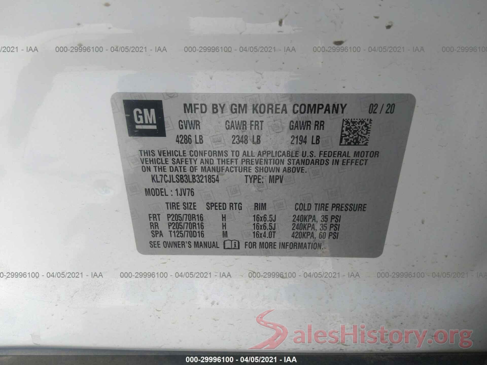 KL7CJLSB3LB321854 2020 CHEVROLET TRAX