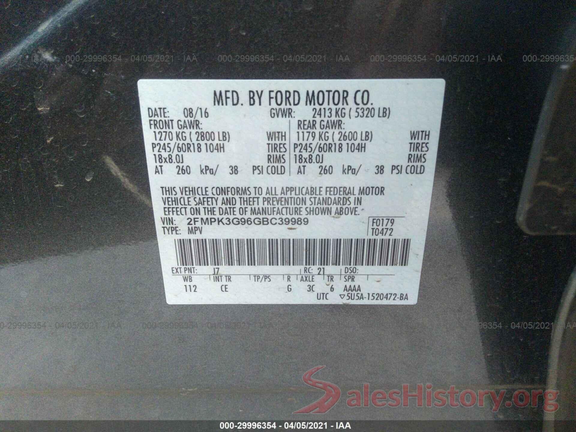 2FMPK3G96GBC39989 2016 FORD EDGE