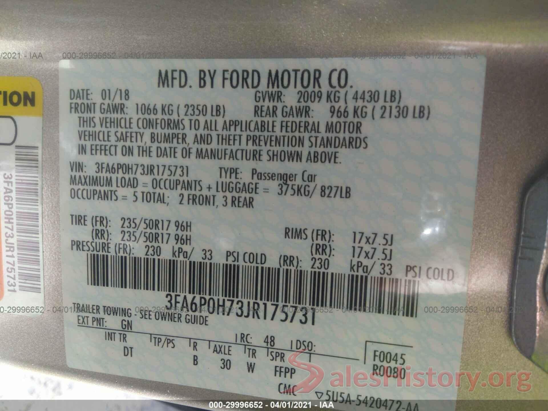 3FA6P0H73JR175731 2018 FORD FUSION