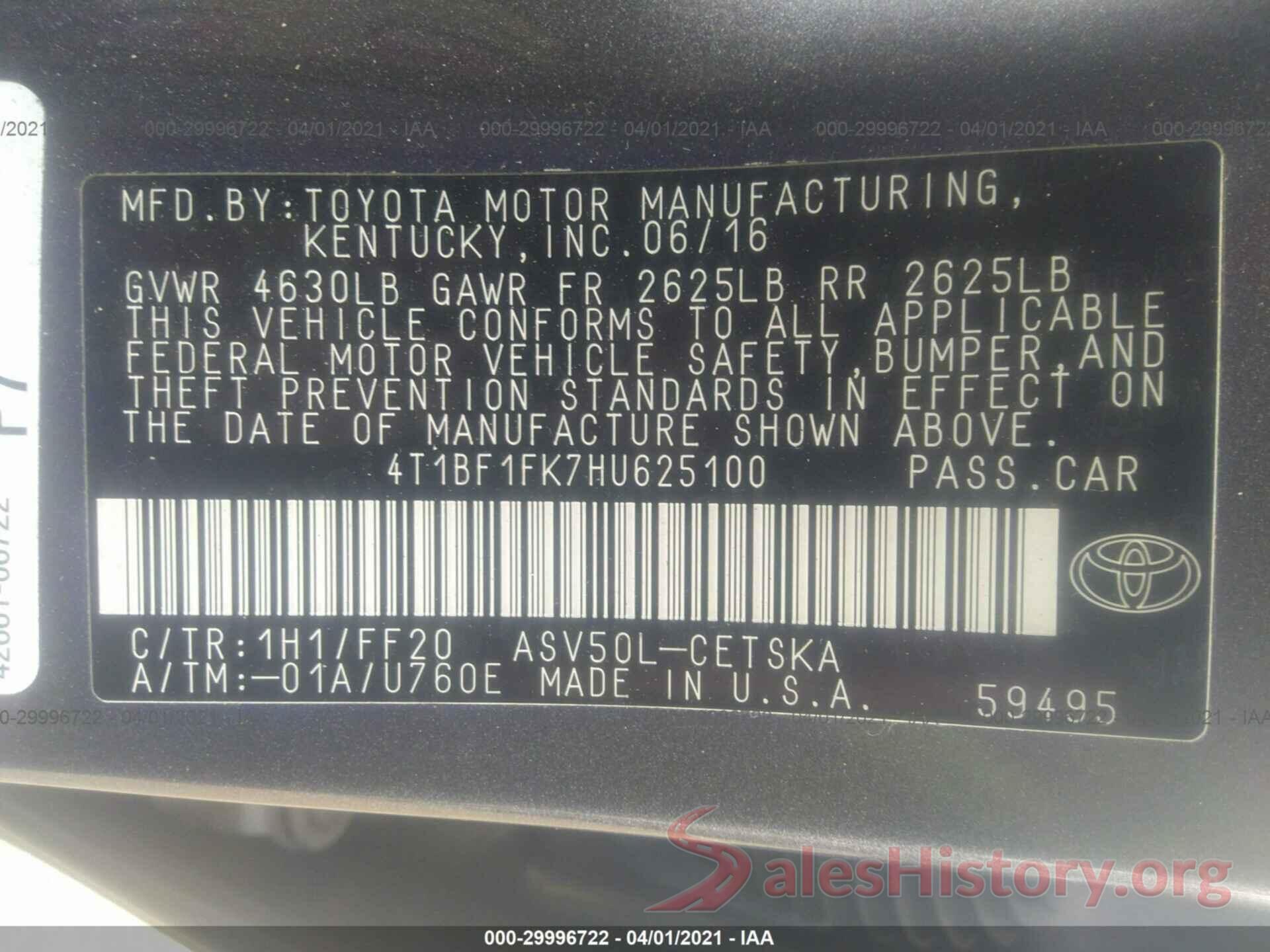 4T1BF1FK7HU625100 2017 TOYOTA CAMRY