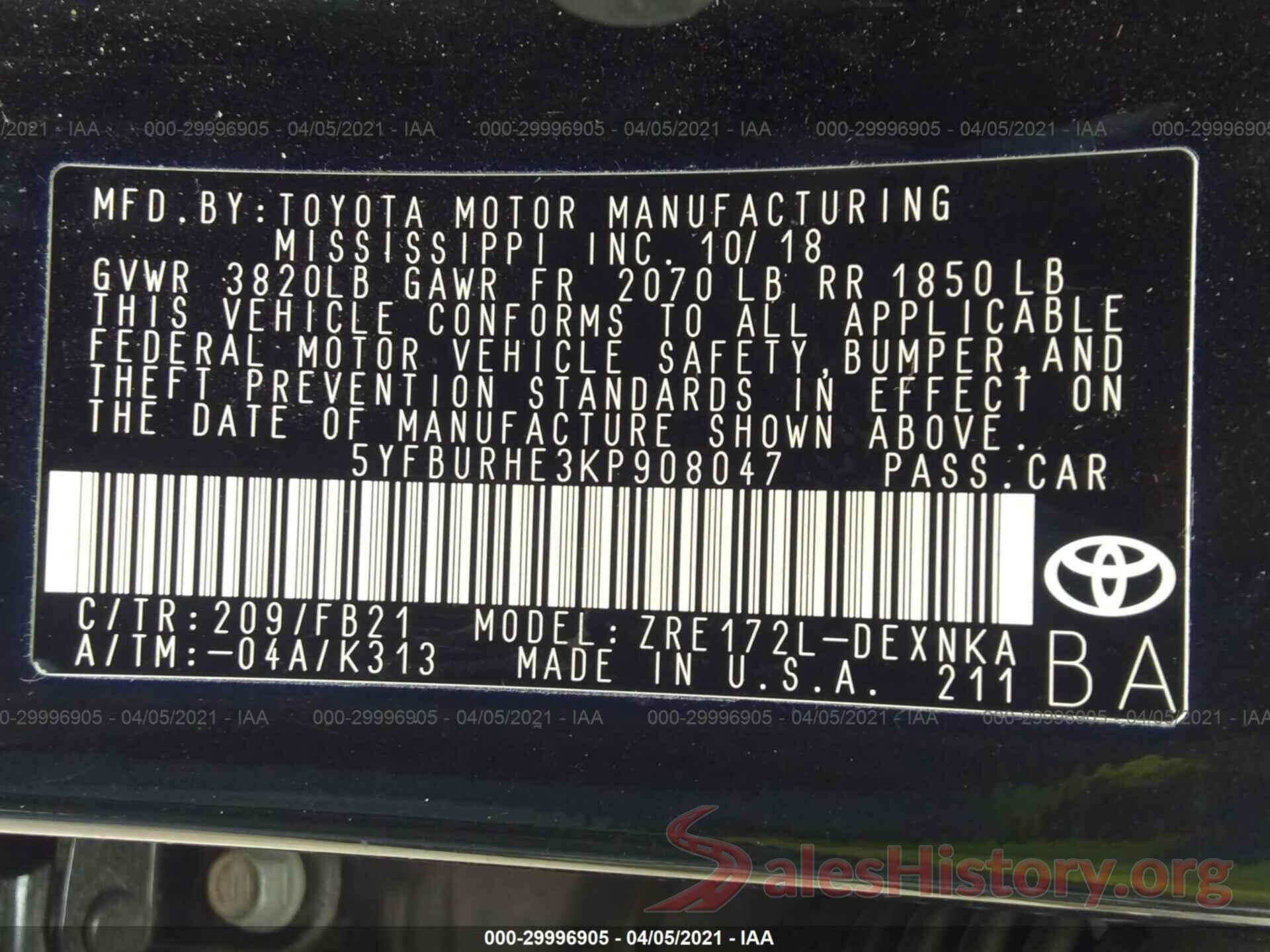 5YFBURHE3KP908047 2019 TOYOTA COROLLA