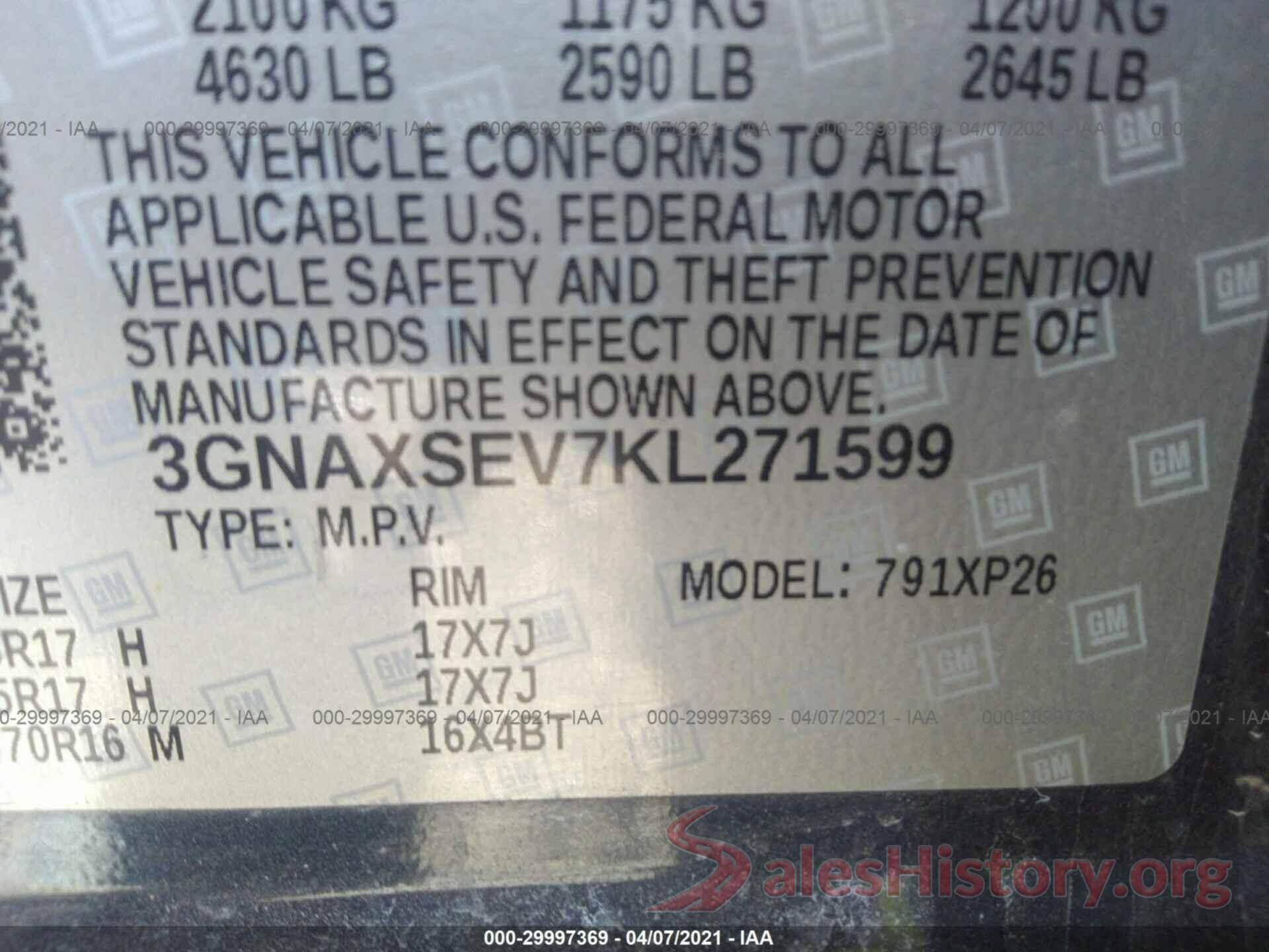 3GNAXSEV7KL271599 2019 CHEVROLET EQUINOX