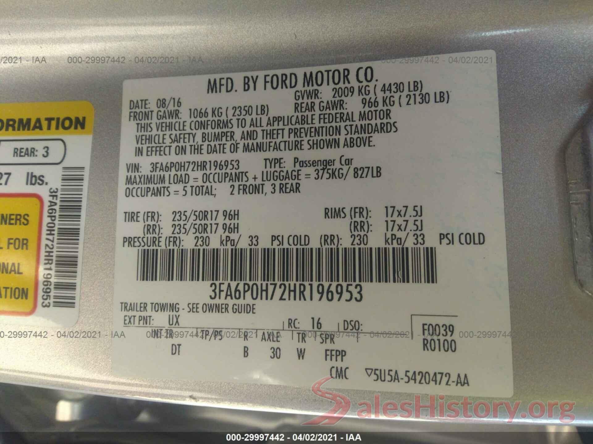 3FA6P0H72HR196953 2017 FORD FUSION