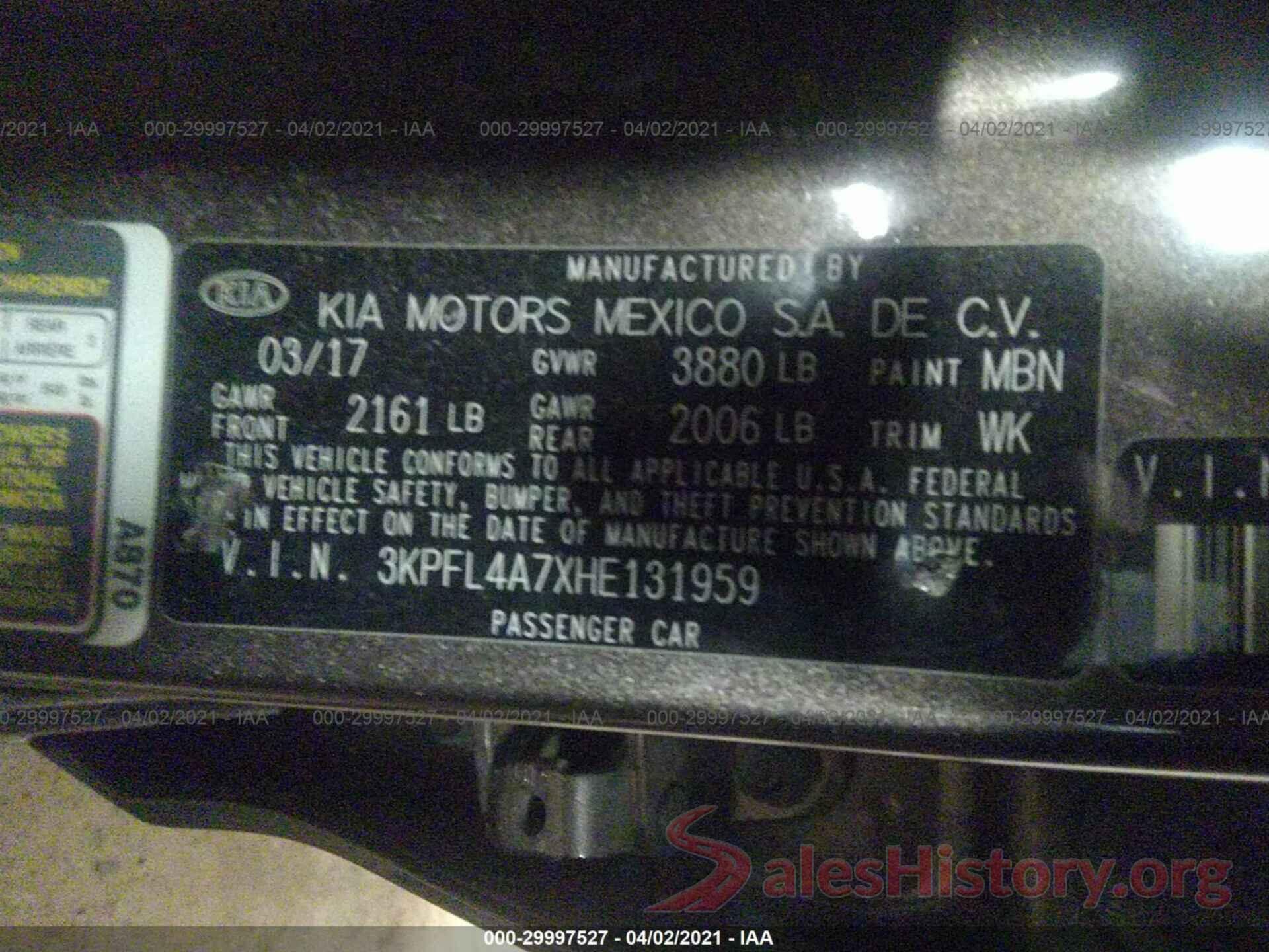 3KPFL4A7XHE131959 2017 KIA FORTE