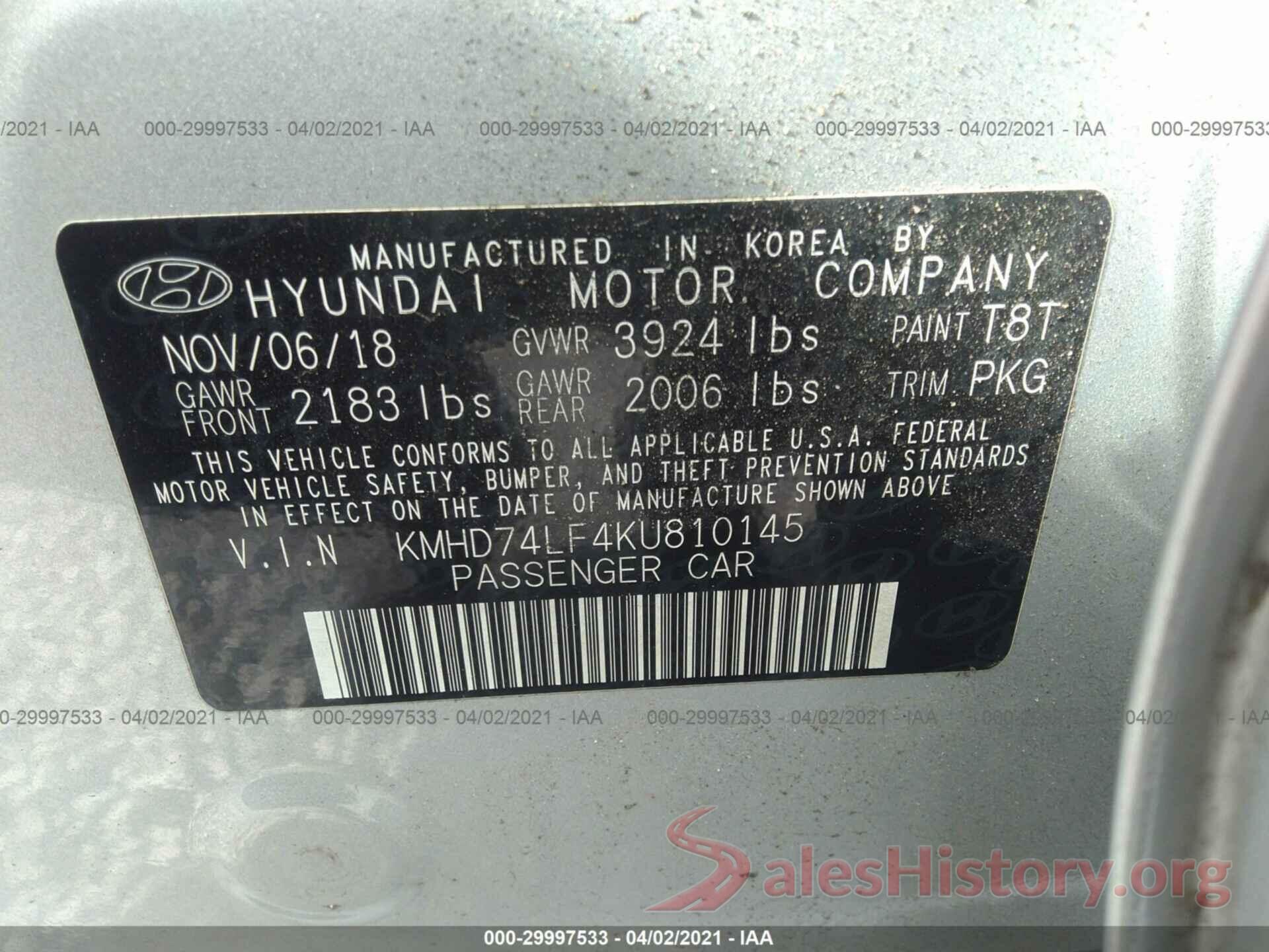 KMHD74LF4KU810145 2019 HYUNDAI ELANTRA