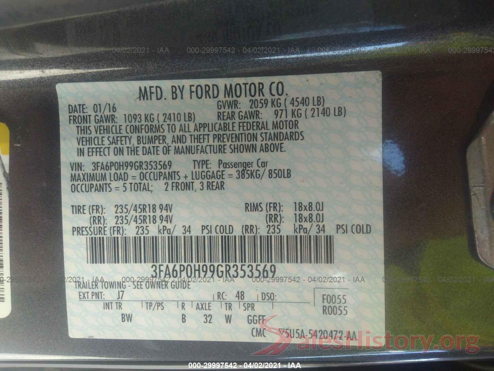 3FA6P0H99GR353569 2016 FORD FUSION