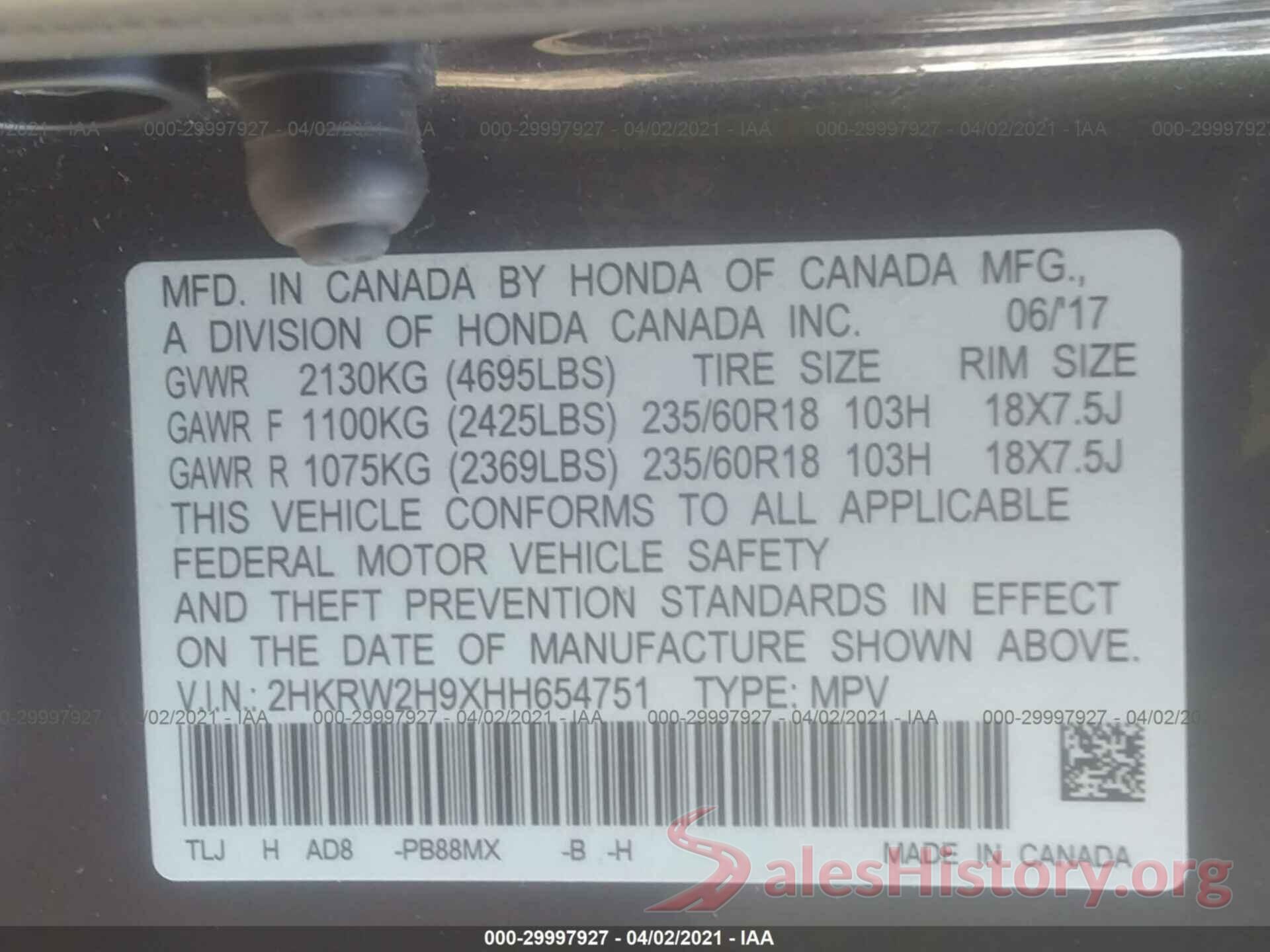 2HKRW2H9XHH654751 2017 HONDA CR-V