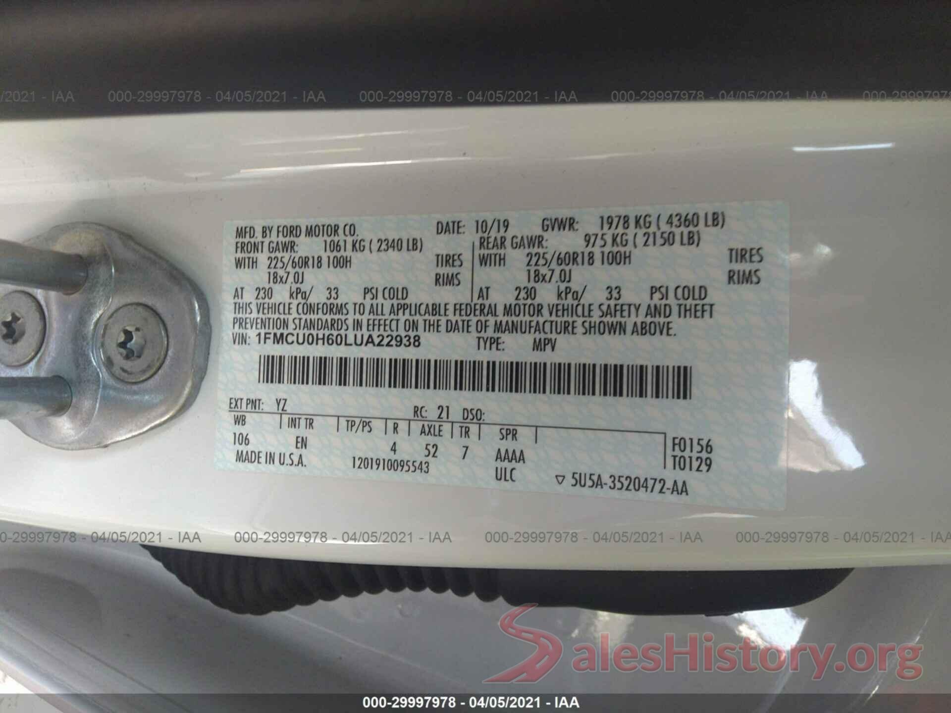 1FMCU0H60LUA22938 2020 FORD ESCAPE