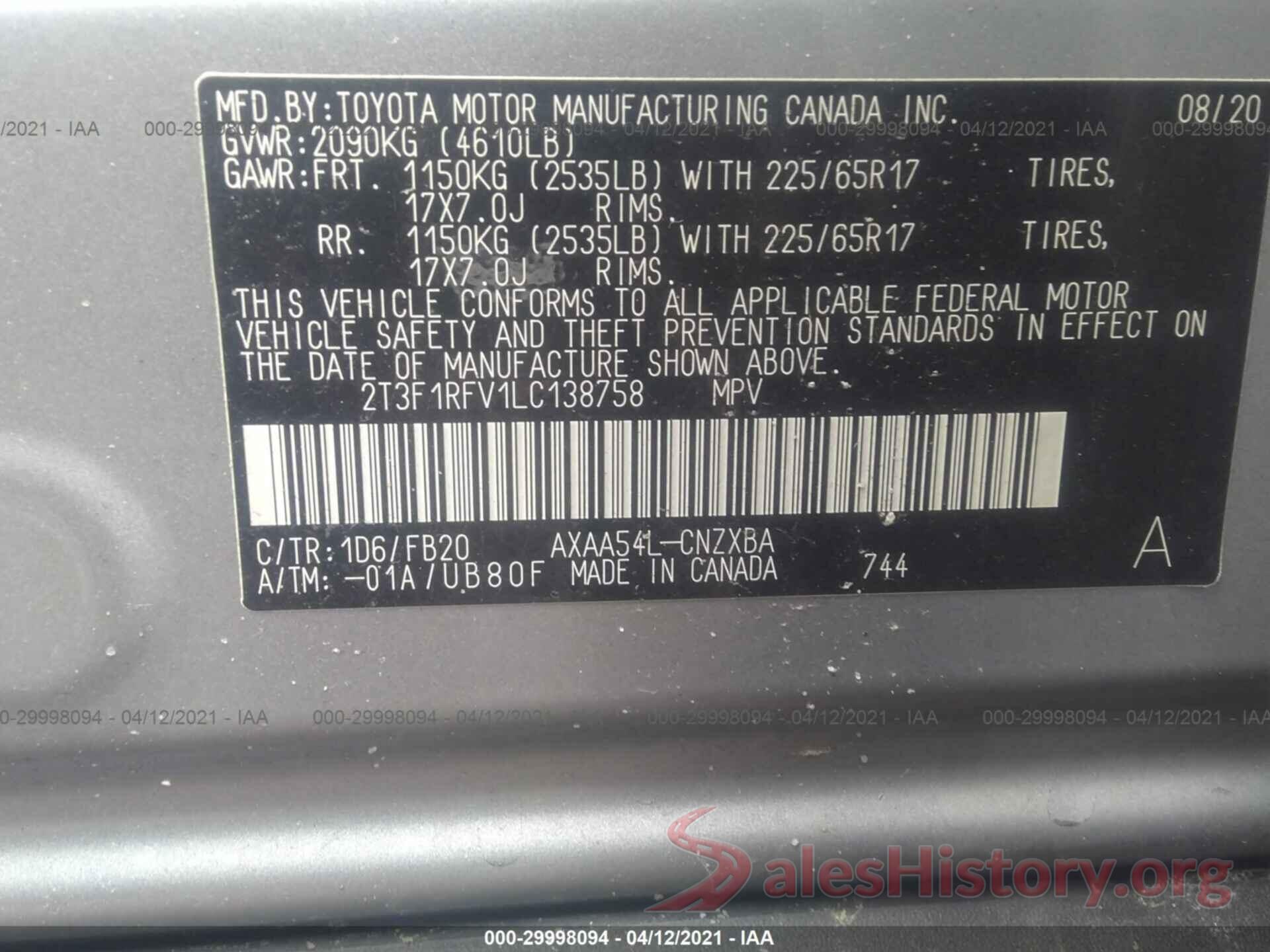 2T3F1RFV1LC138758 2020 TOYOTA RAV4