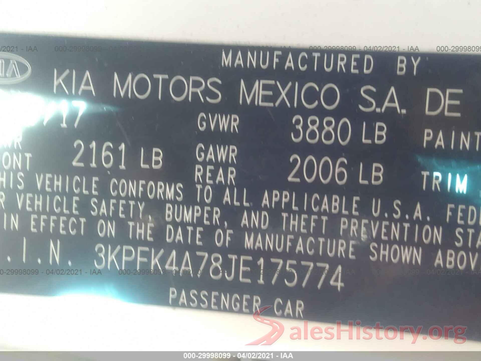 3KPFK4A78JE175774 2018 KIA FORTE