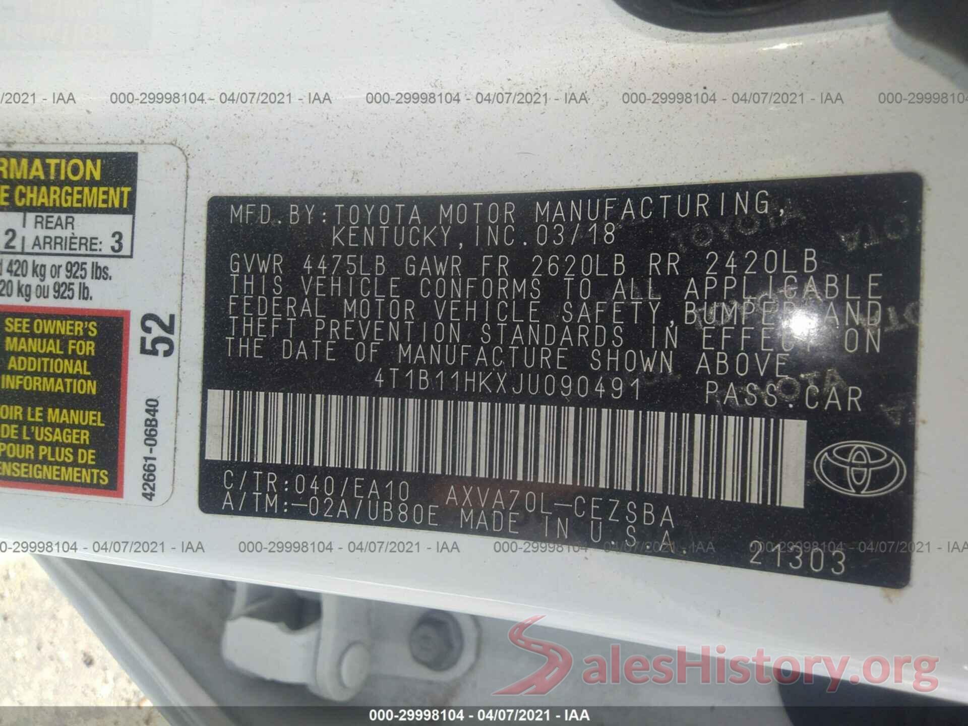 4T1B11HKXJU090491 2018 TOYOTA CAMRY