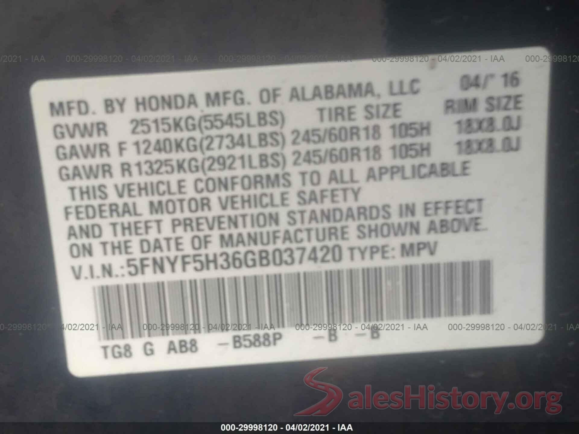 5FNYF5H36GB037420 2016 HONDA PILOT