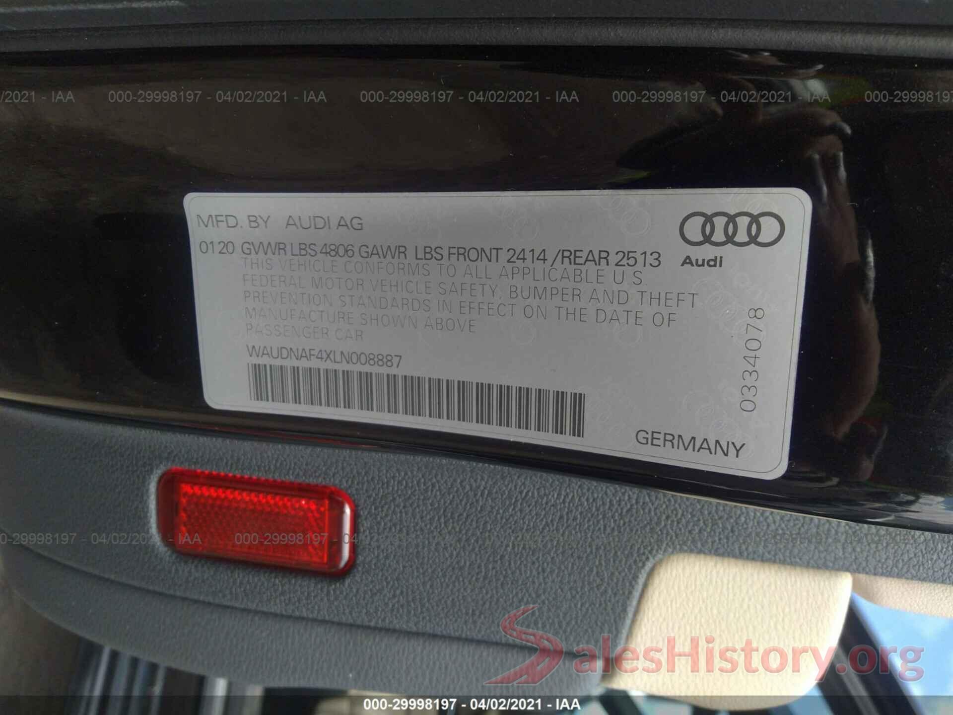 WAUDNAF4XLN008887 2020 AUDI A4