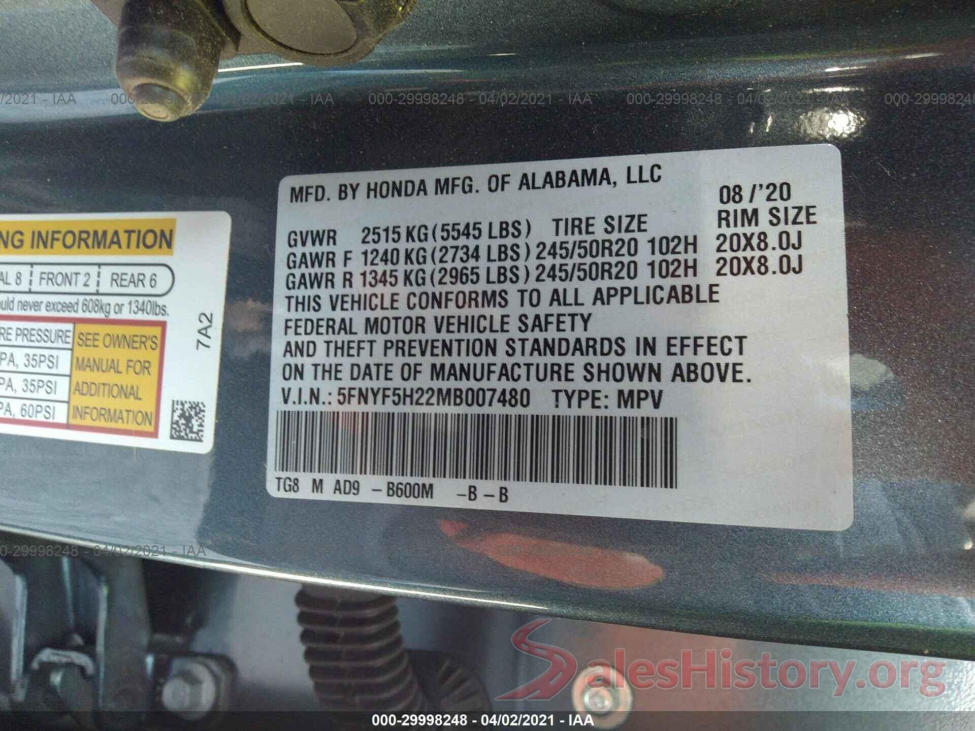 5FNYF5H22MB007480 2021 HONDA PILOT