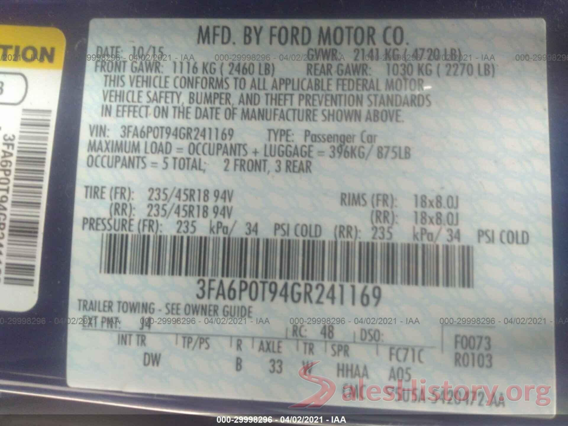 3FA6P0T94GR241169 2016 FORD FUSION