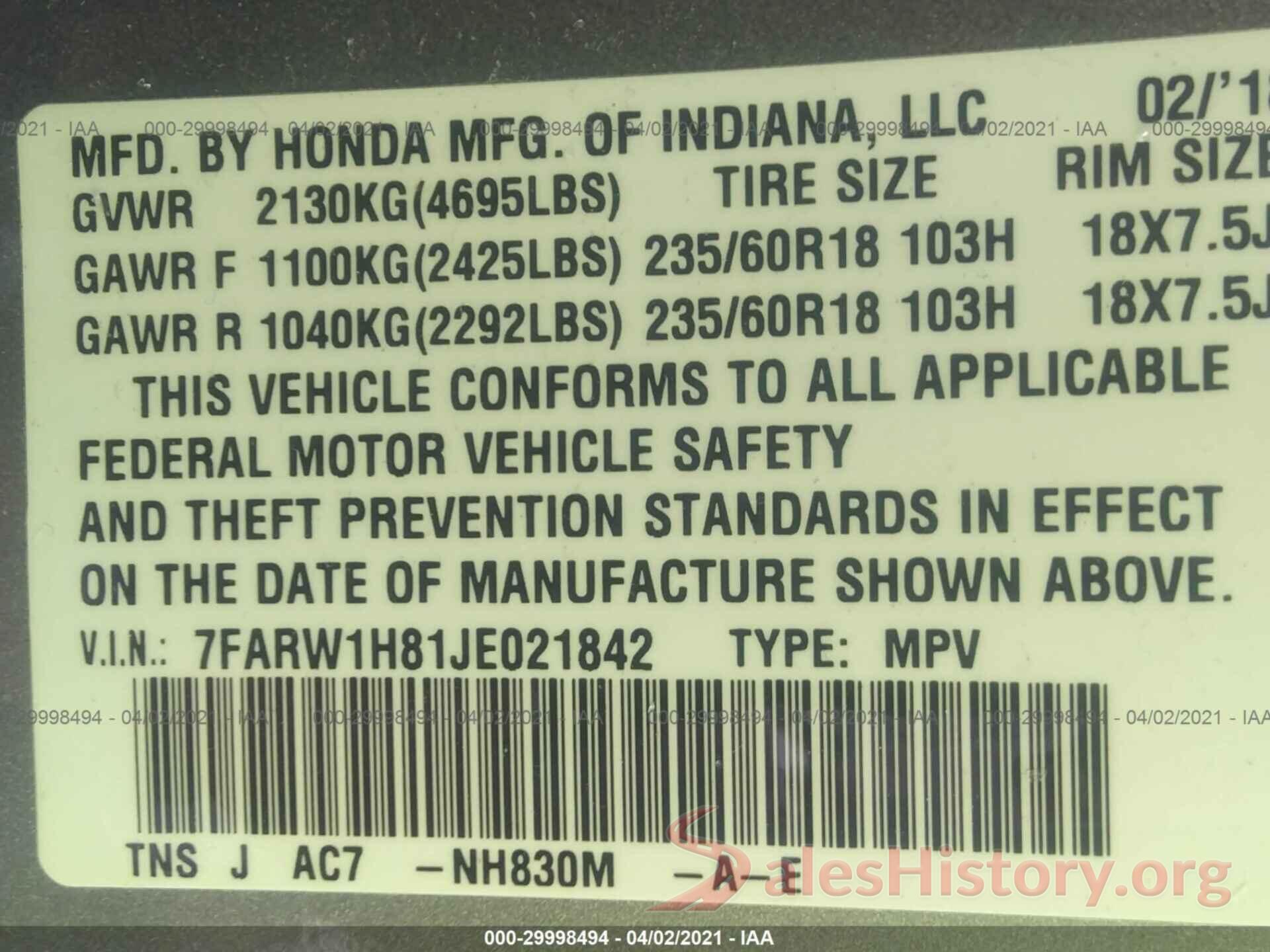 7FARW1H81JE021842 2018 HONDA CR-V