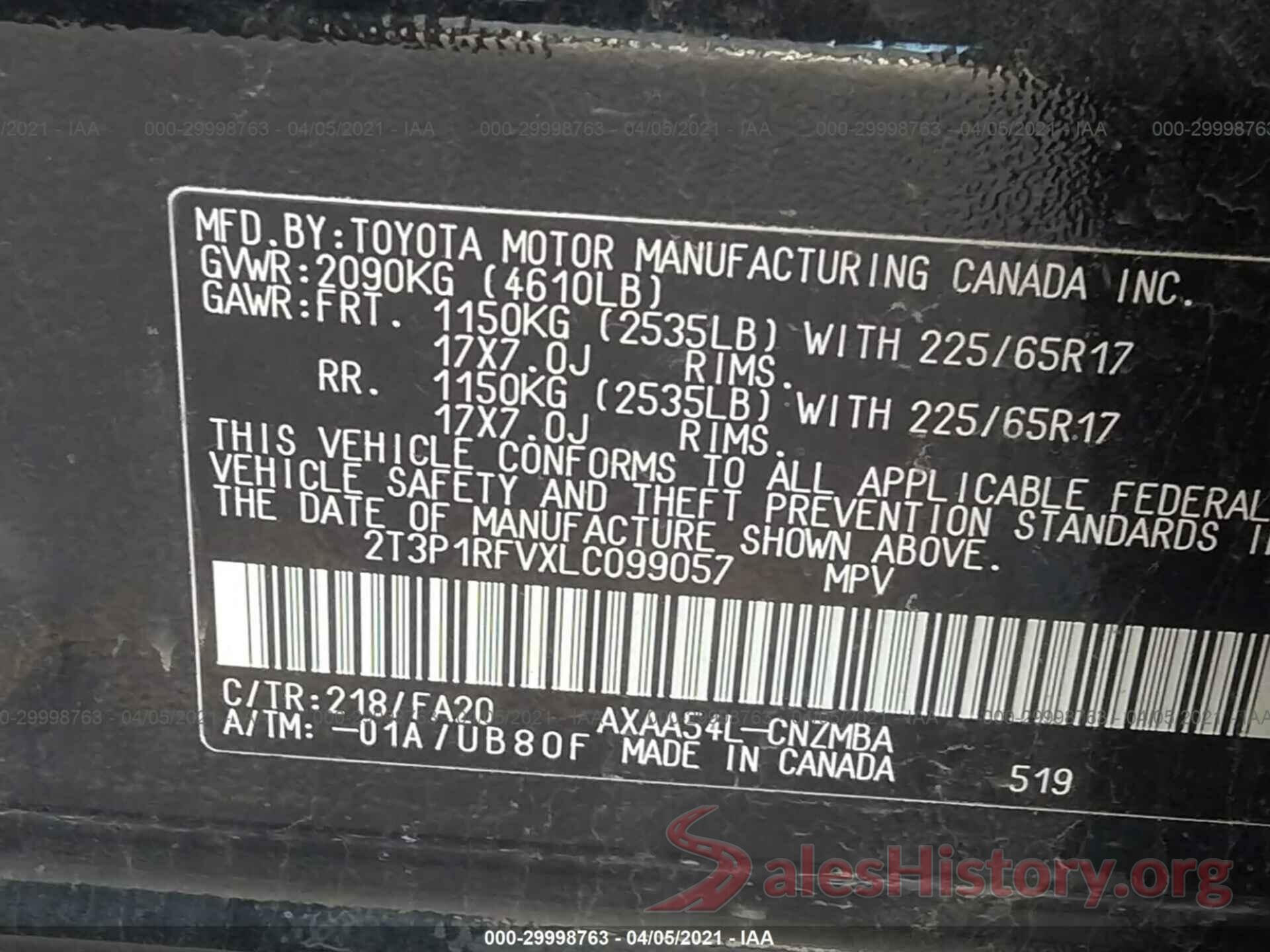 2T3P1RFVXLC099057 2020 TOYOTA RAV4