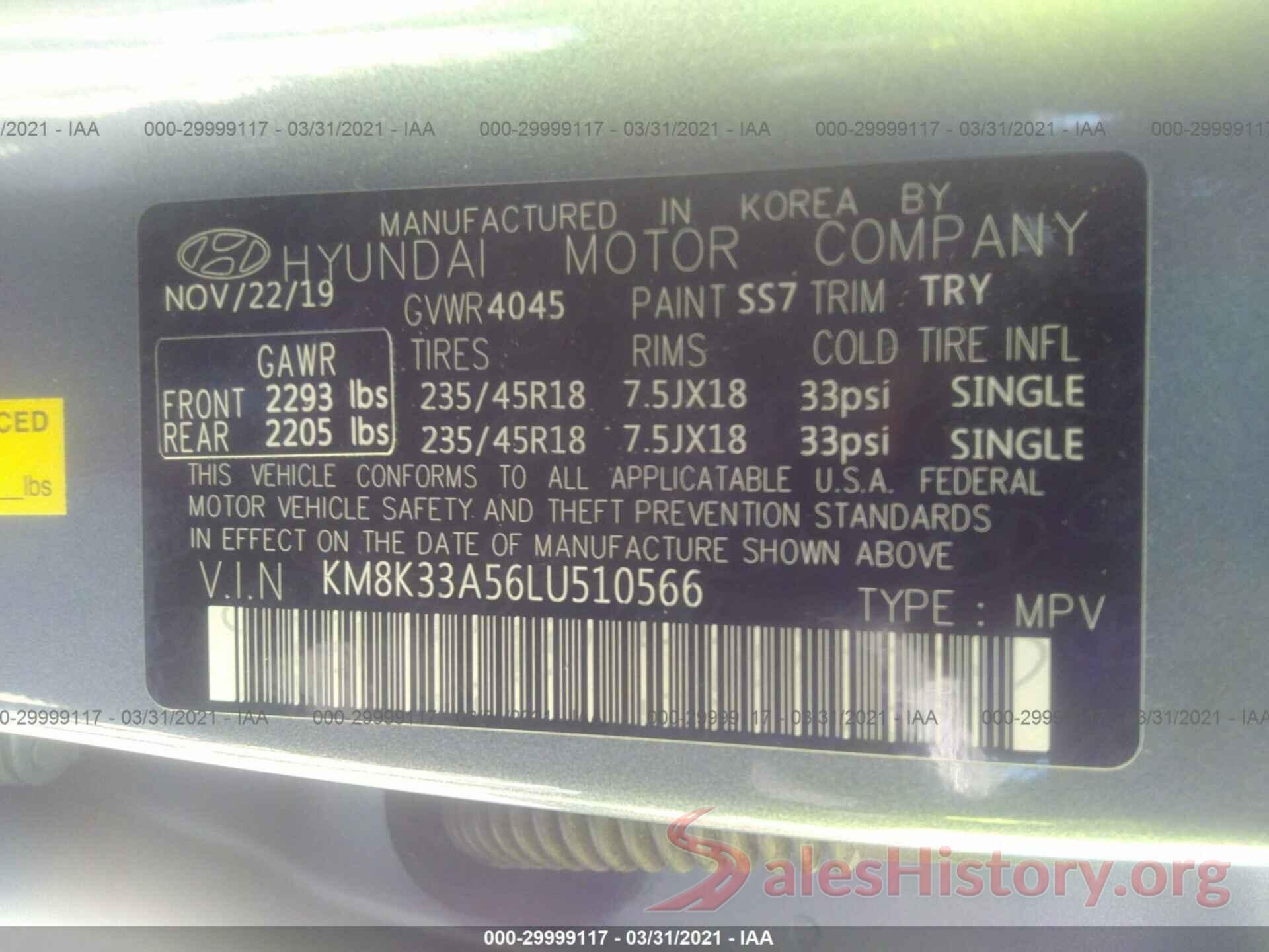 KM8K33A56LU510566 2020 HYUNDAI KONA