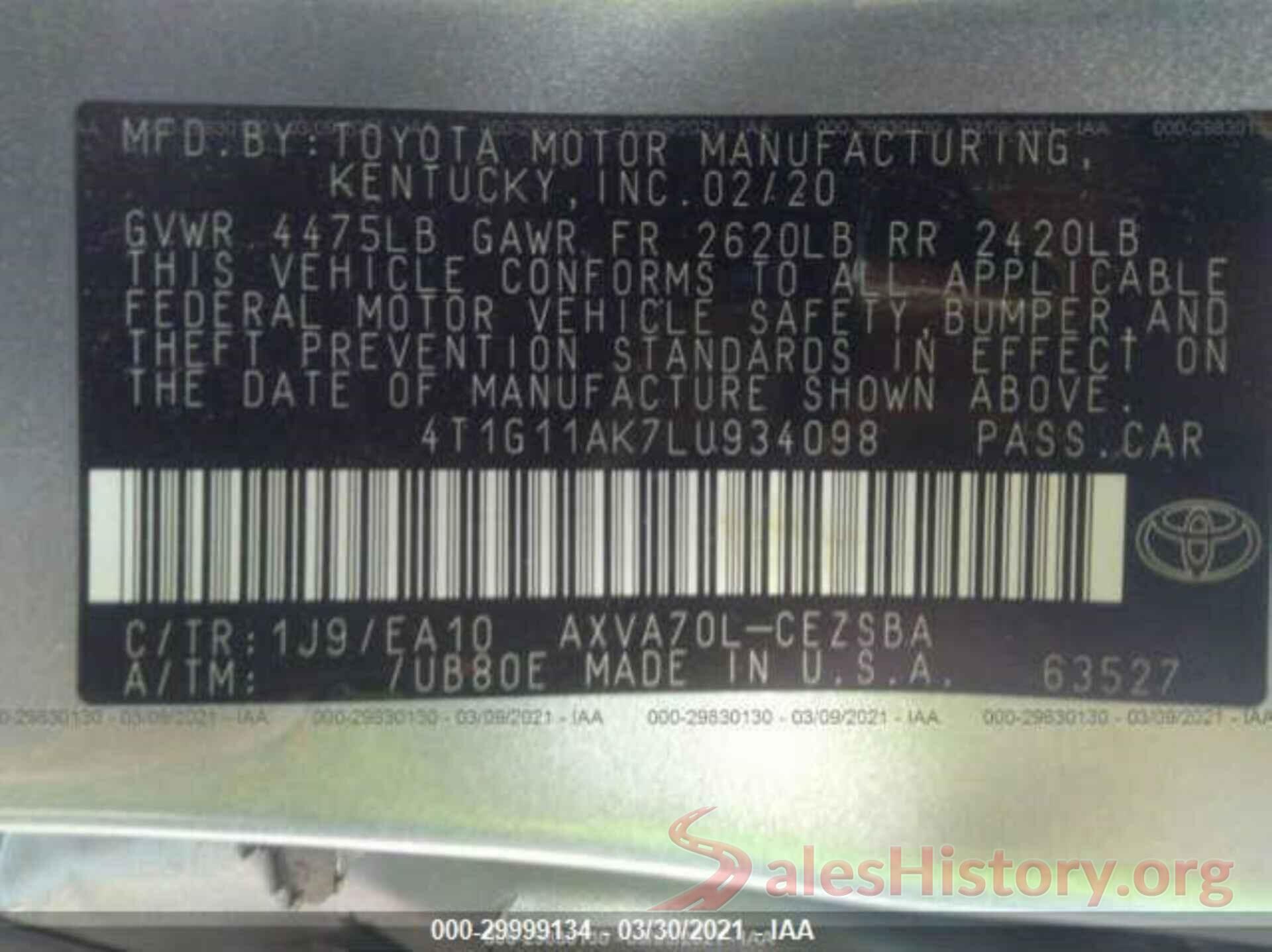 4T1G11AK7LU934098 2020 TOYOTA CAMRY