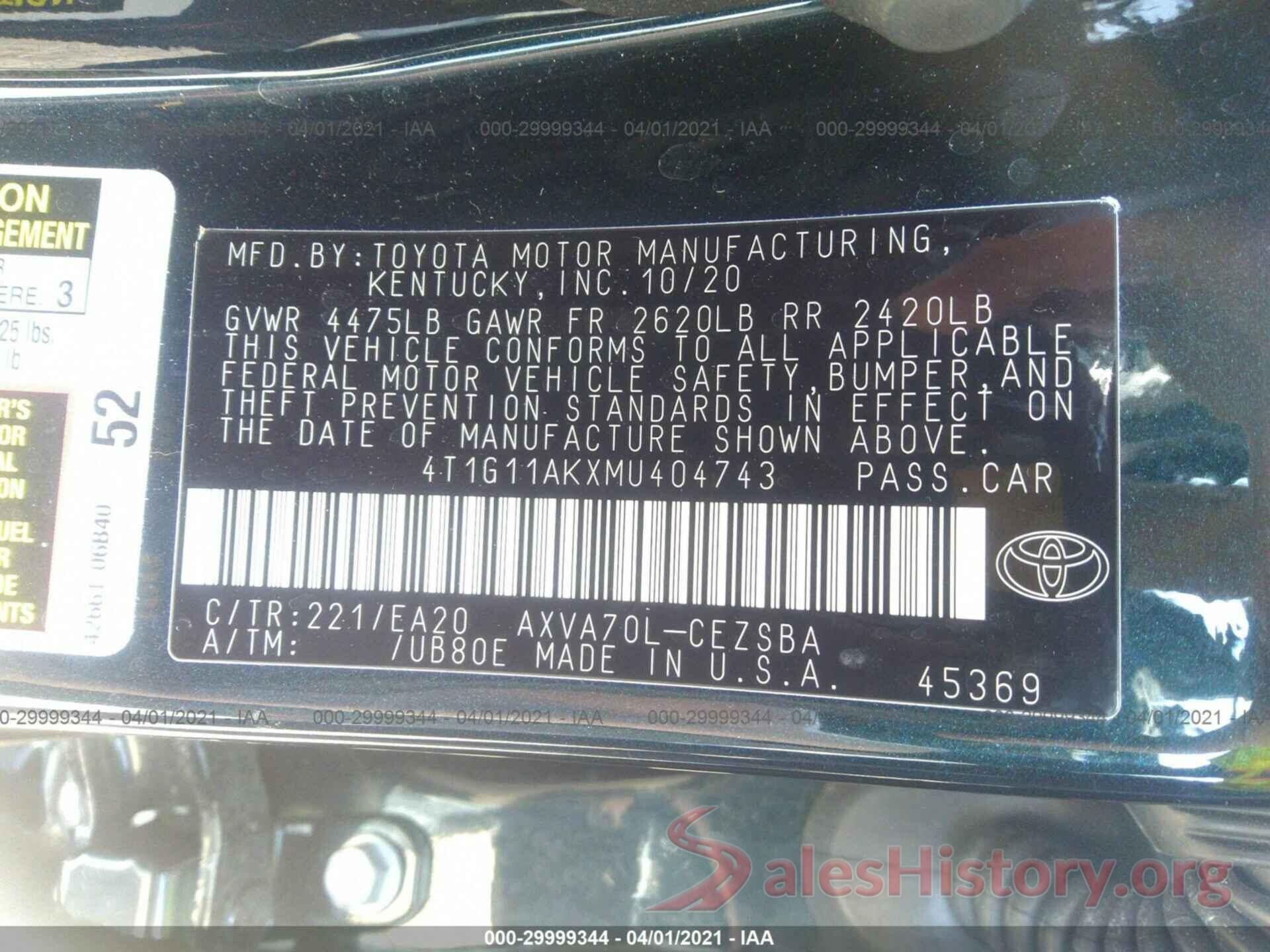 4T1G11AKXMU404743 2021 TOYOTA CAMRY