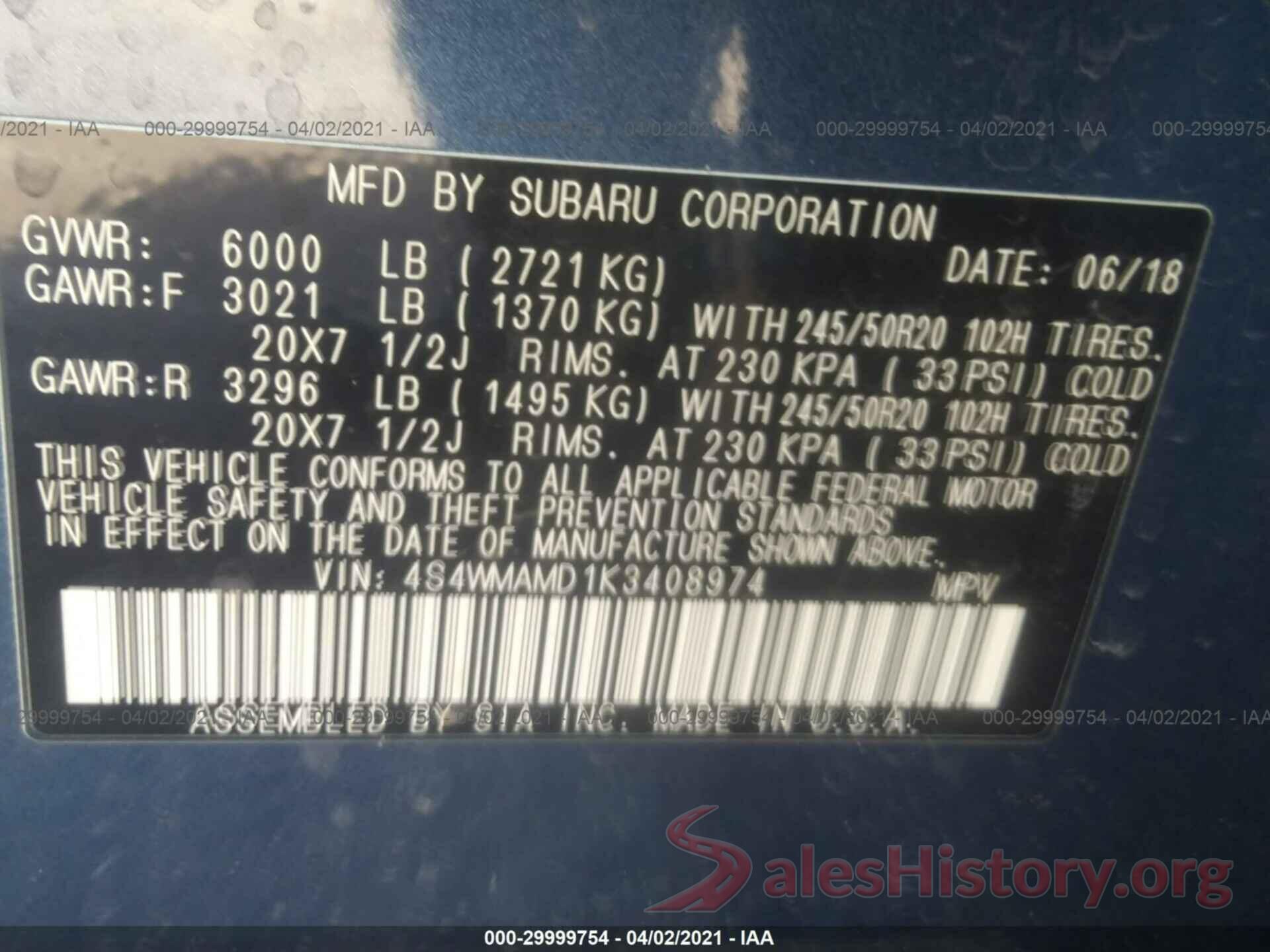 4S4WMAMD1K3408974 2019 SUBARU ASCENT