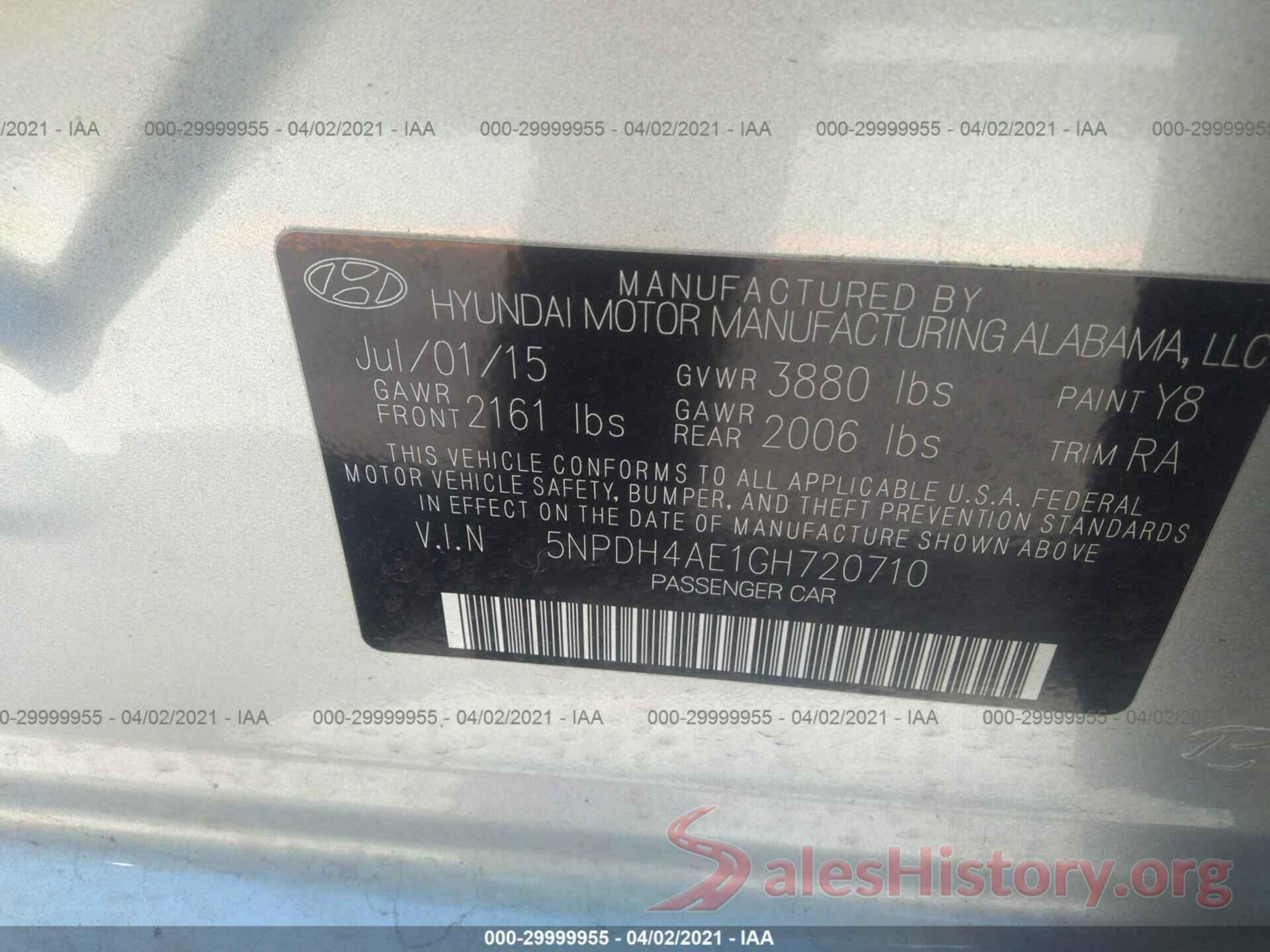 5NPDH4AE1GH720710 2016 HYUNDAI ELANTRA