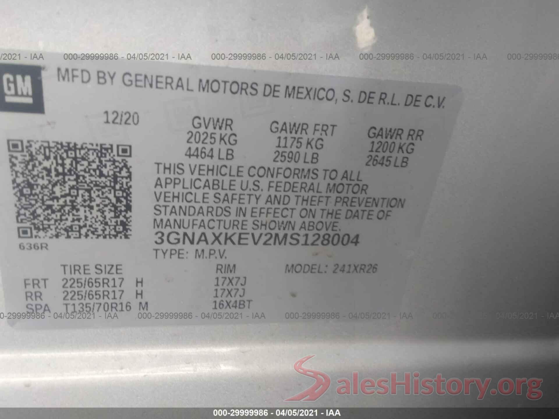 3GNAXKEV2MS128004 2021 CHEVROLET EQUINOX