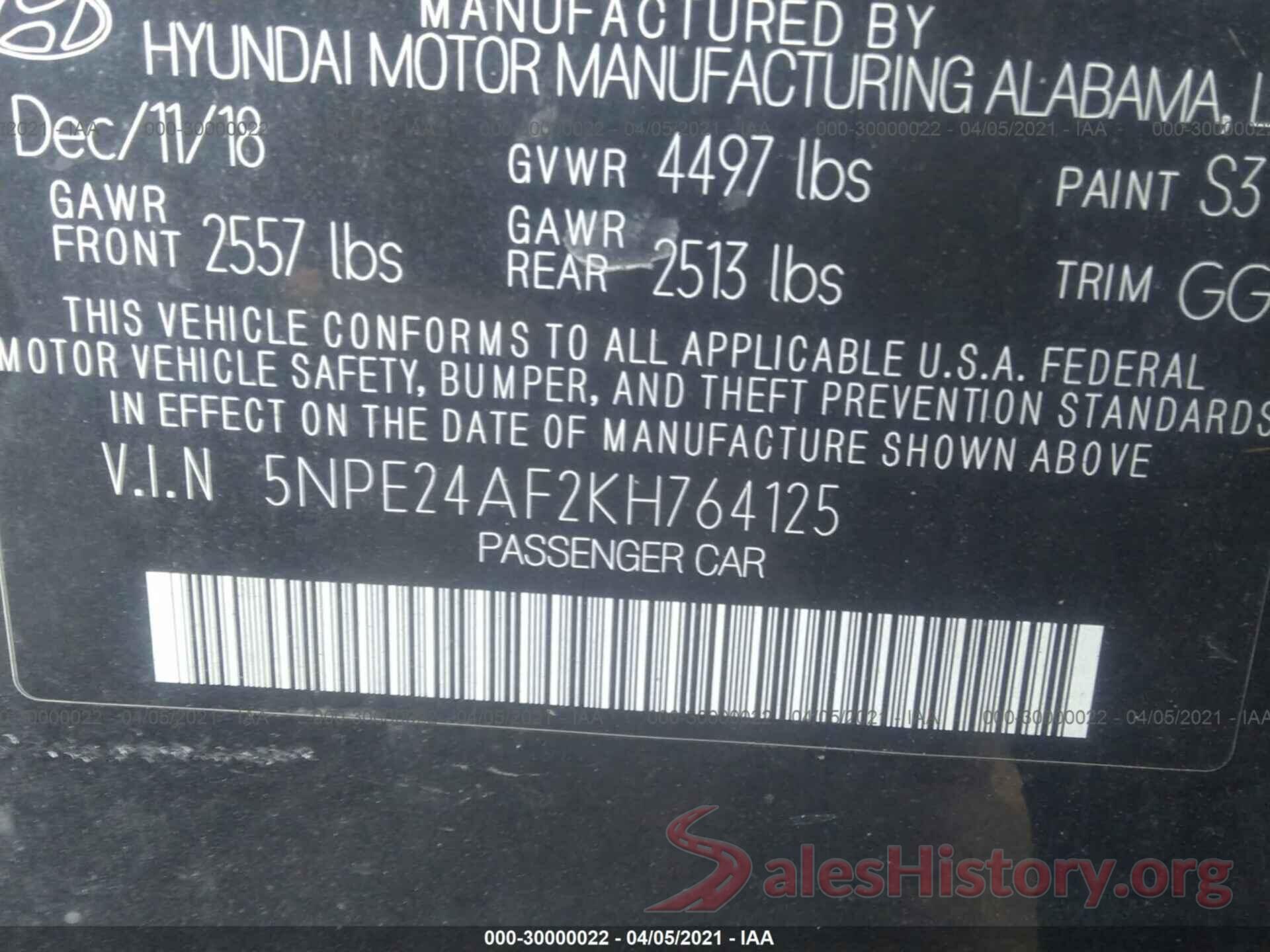 5NPE24AF2KH764125 2019 HYUNDAI SONATA