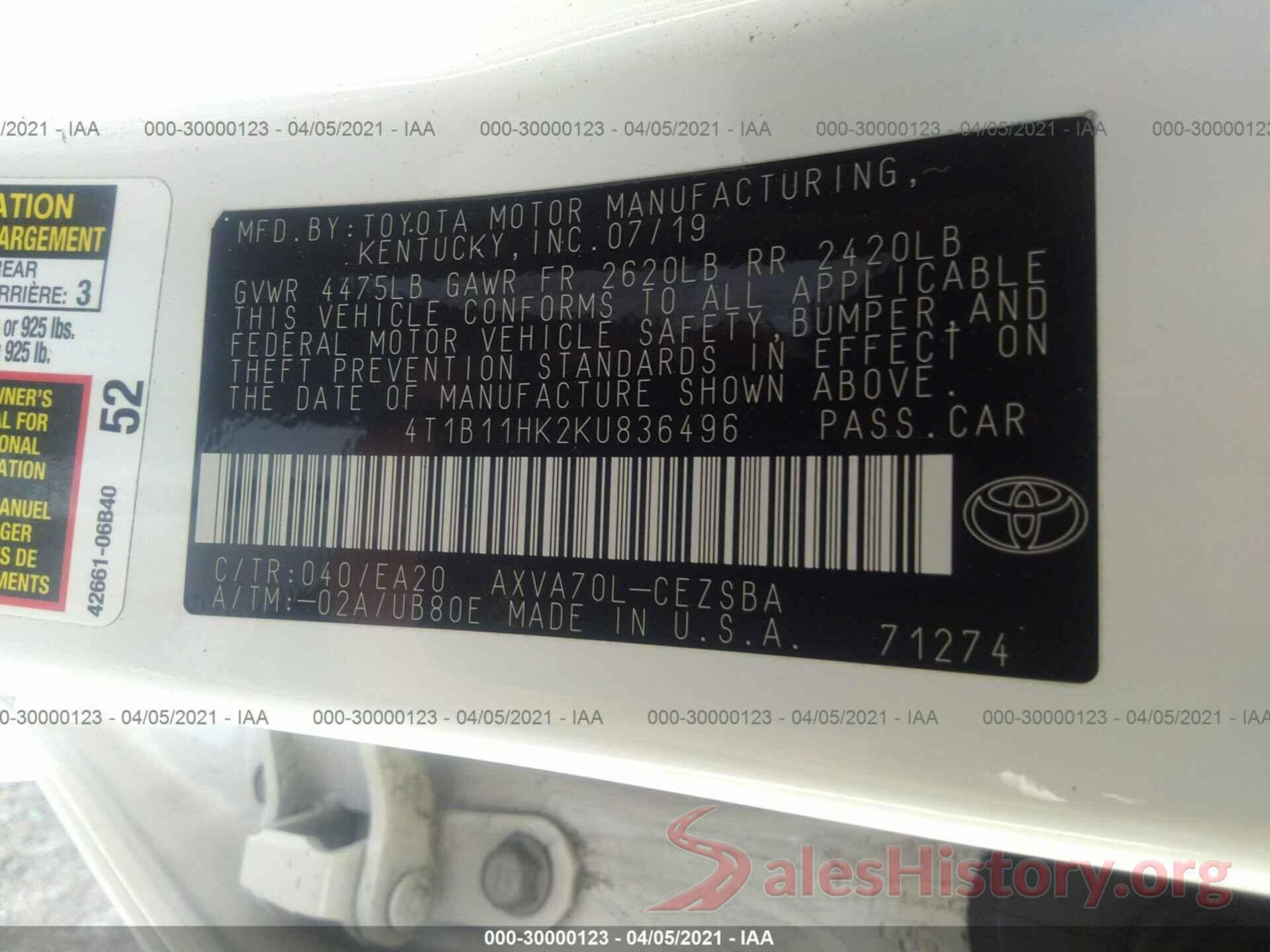 4T1B11HK2KU836496 2019 TOYOTA CAMRY