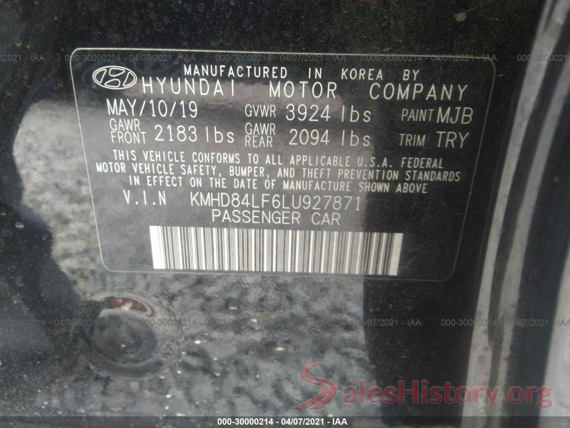 KMHD84LF6LU927871 2020 HYUNDAI ELANTRA