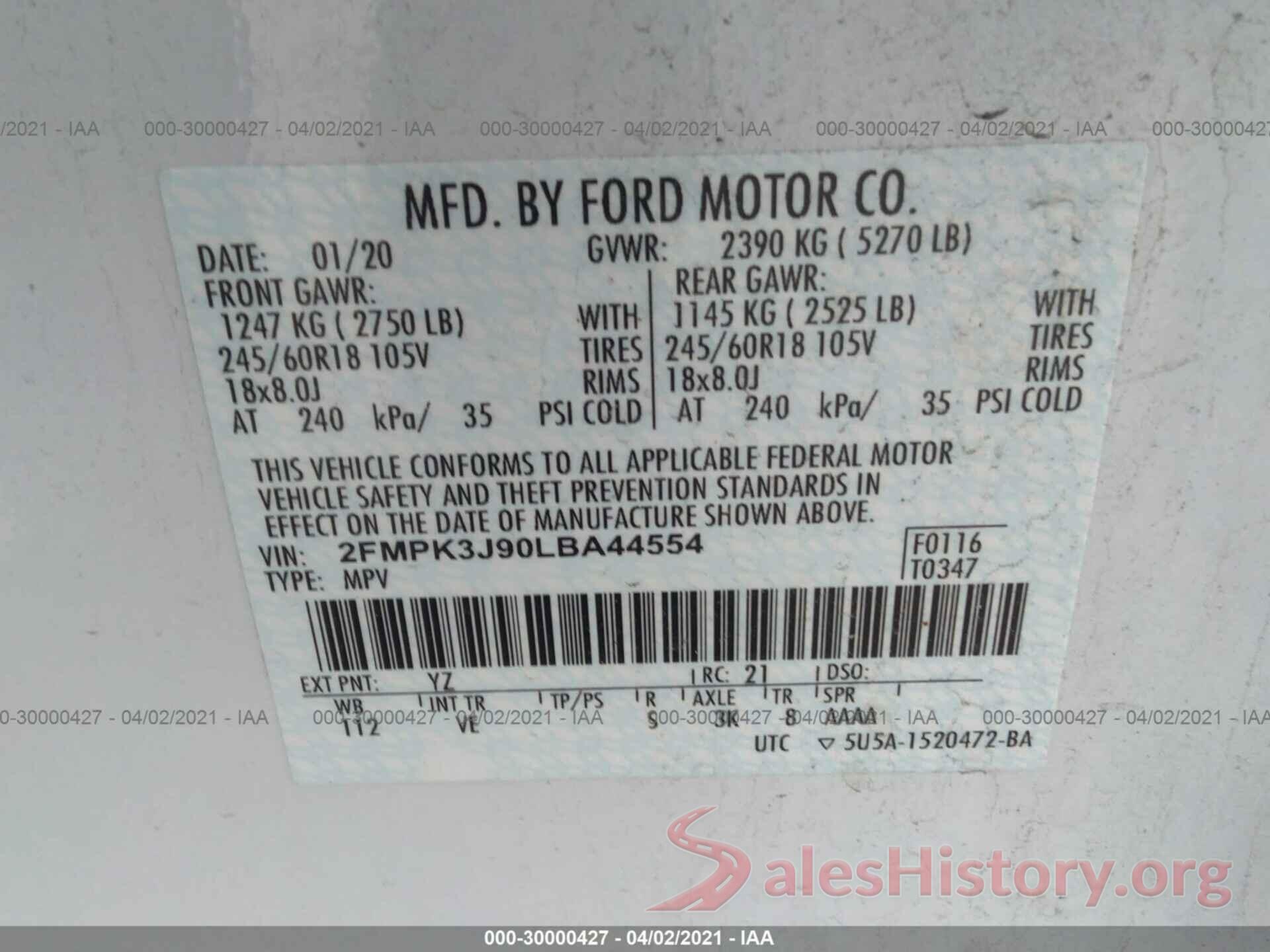 2FMPK3J90LBA44554 2020 FORD EDGE