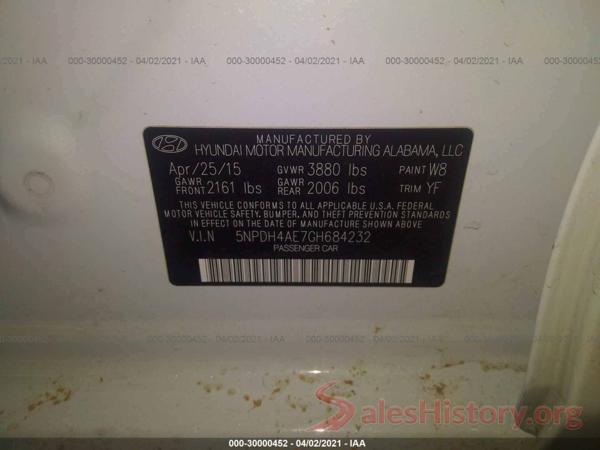 5NPDH4AE7GH684232 2016 HYUNDAI ELANTRA