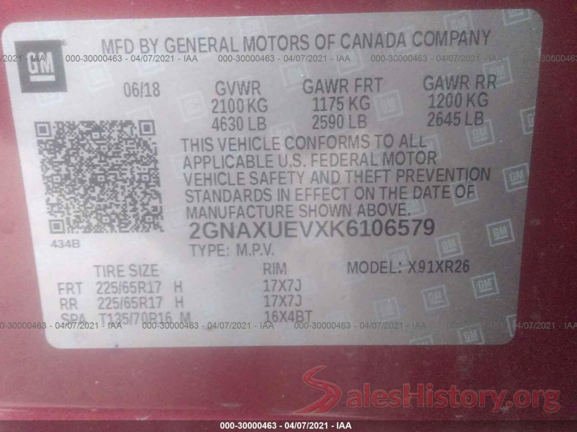 2GNAXUEVXK6106579 2019 CHEVROLET EQUINOX