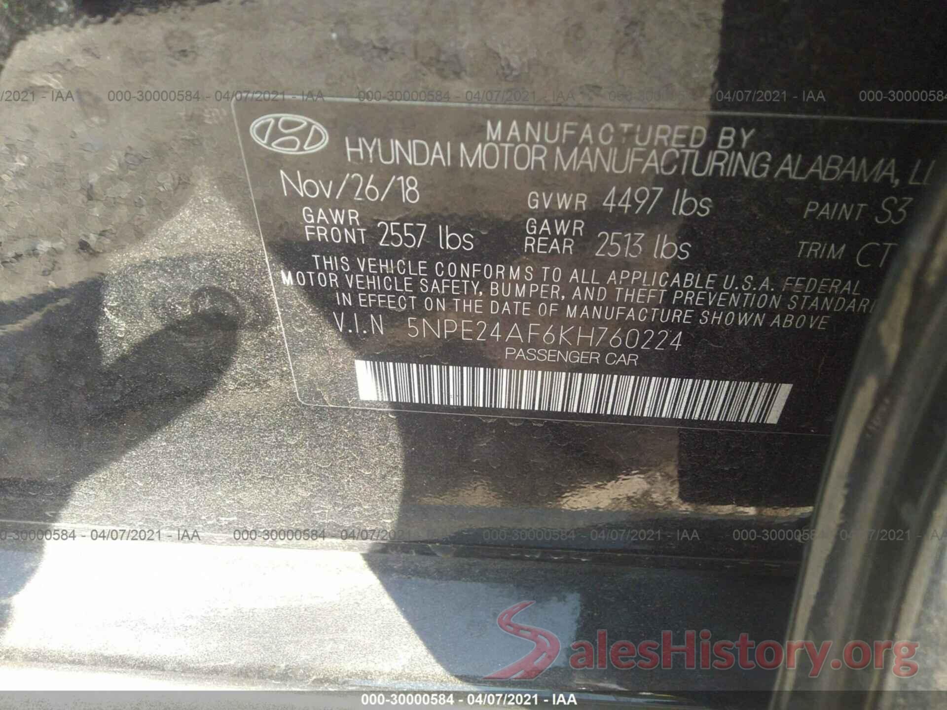 5NPE24AF6KH760224 2019 HYUNDAI SONATA