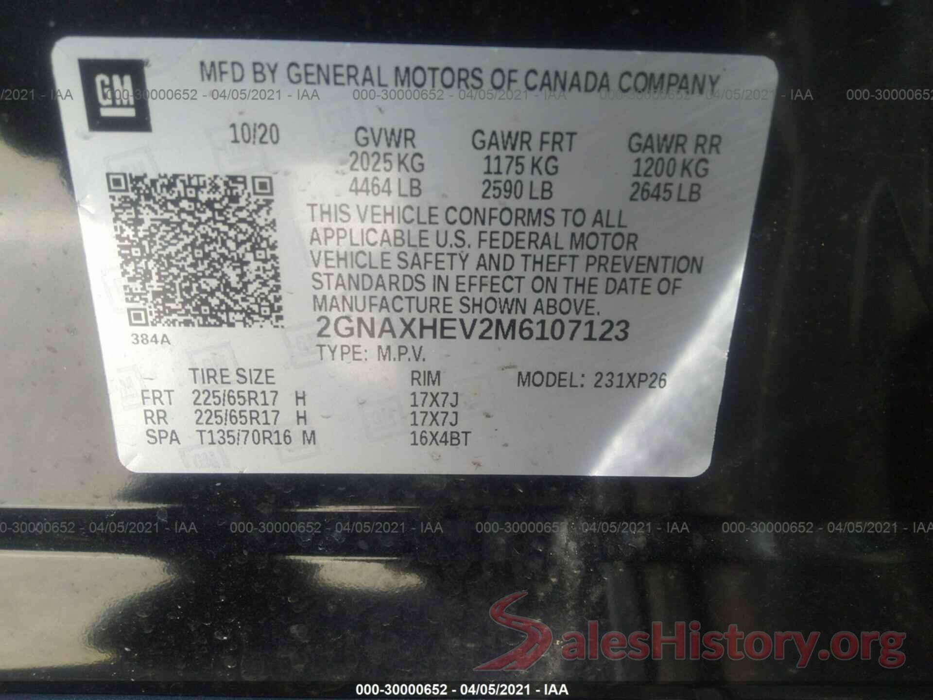 2GNAXHEV2M6107123 2021 CHEVROLET EQUINOX