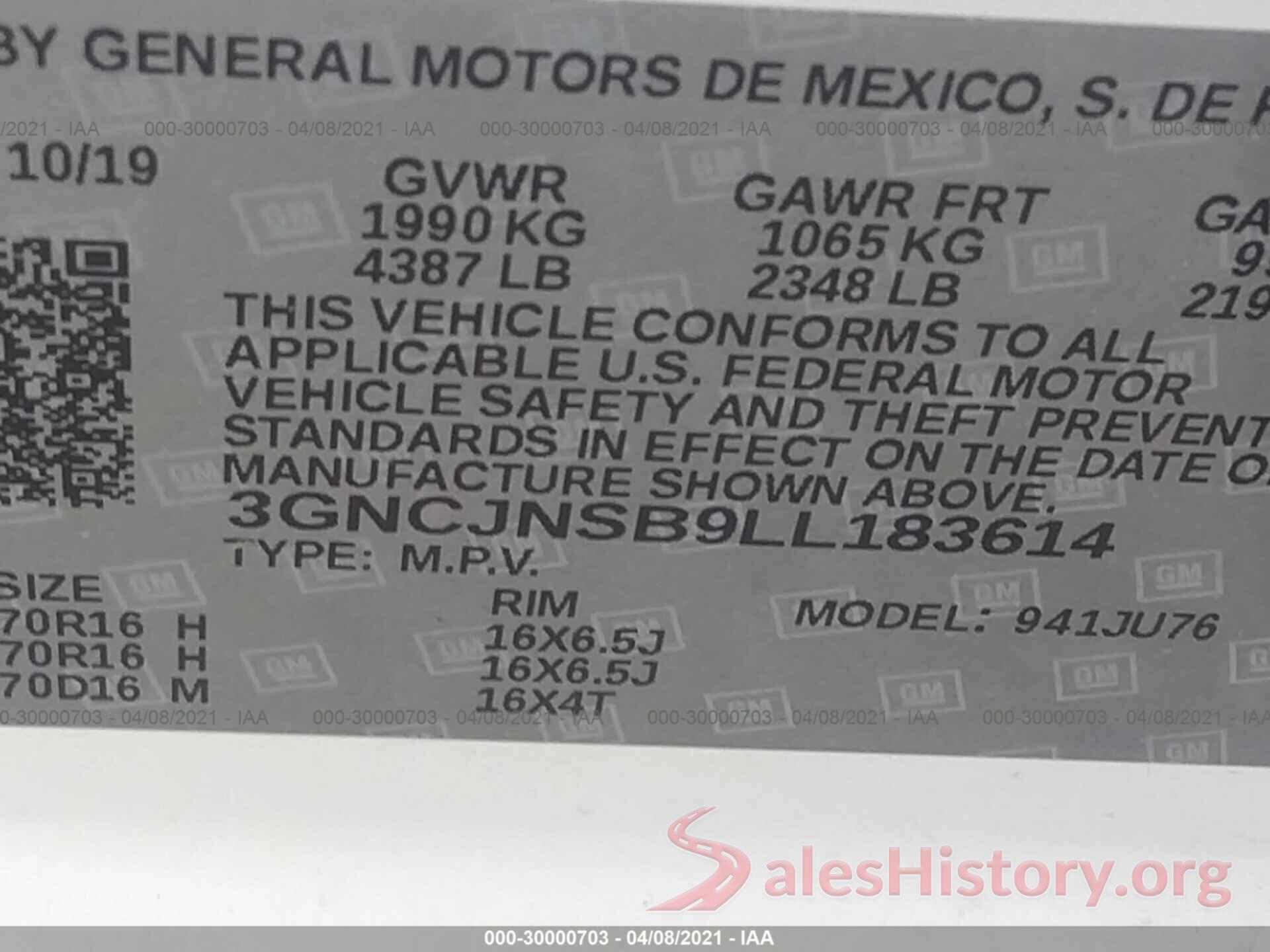 3GNCJNSB9LL183614 2020 CHEVROLET TRAX