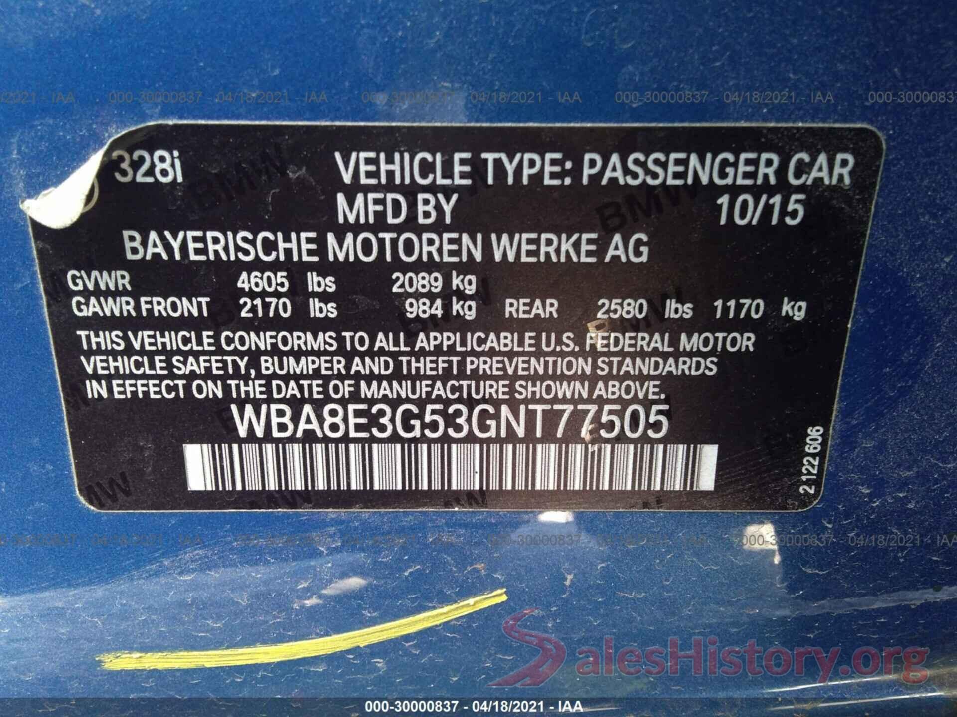 WBA8E3G53GNT77505 2016 BMW 3 SERIES