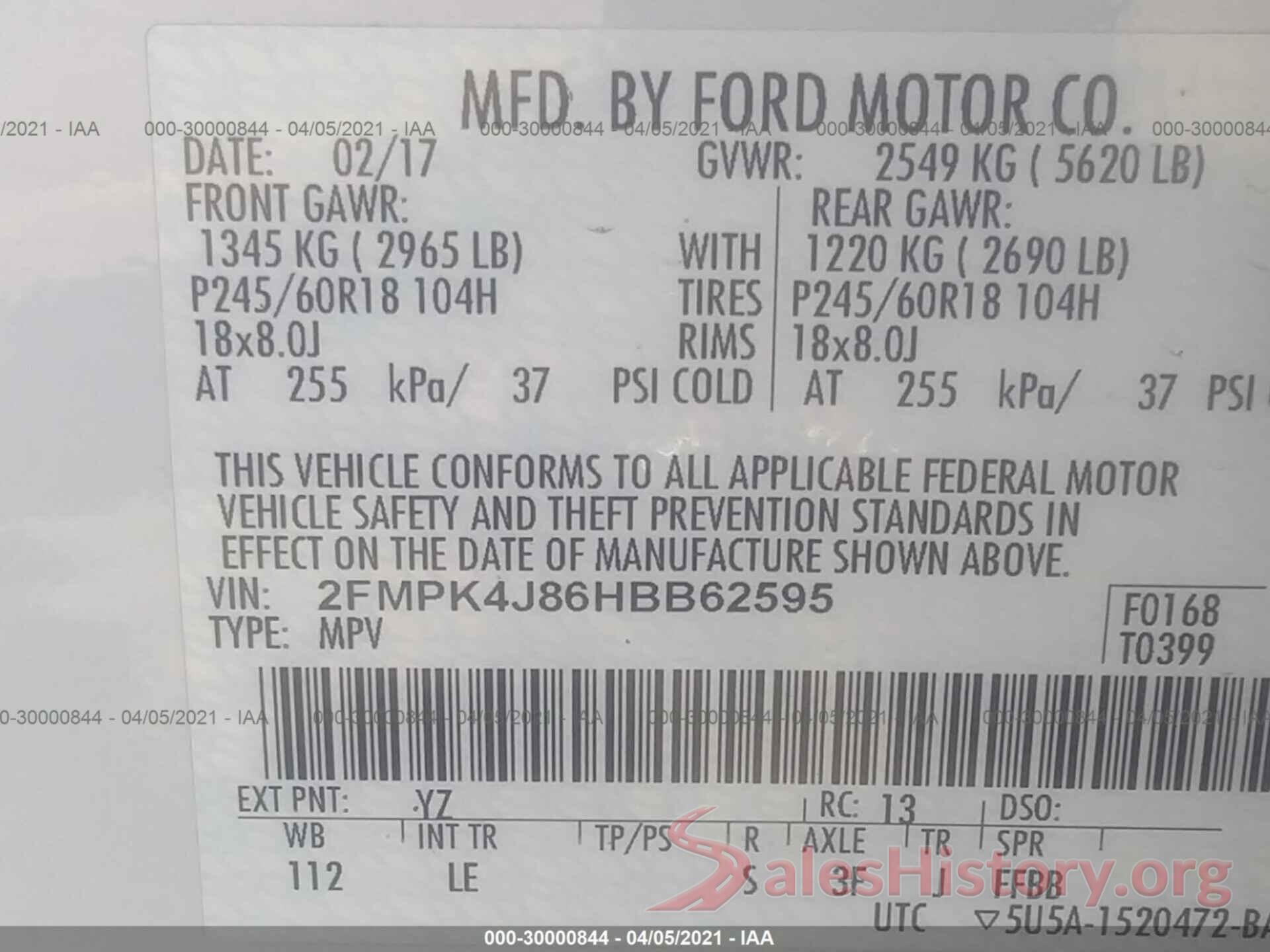 2FMPK4J86HBB62595 2017 FORD EDGE