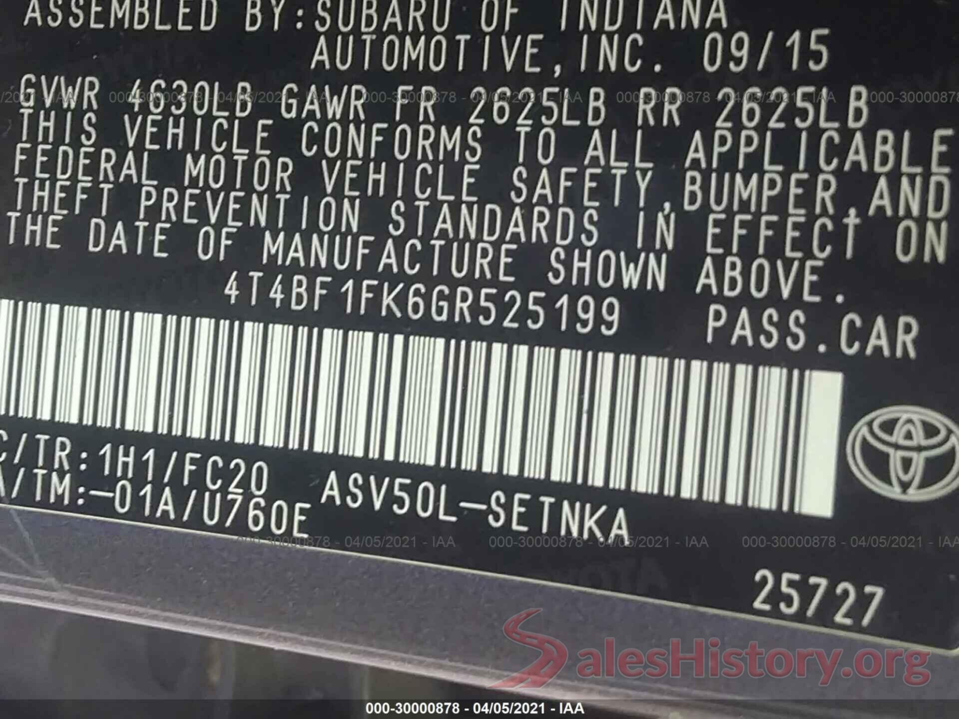 4T4BF1FK6GR525199 2016 TOYOTA CAMRY