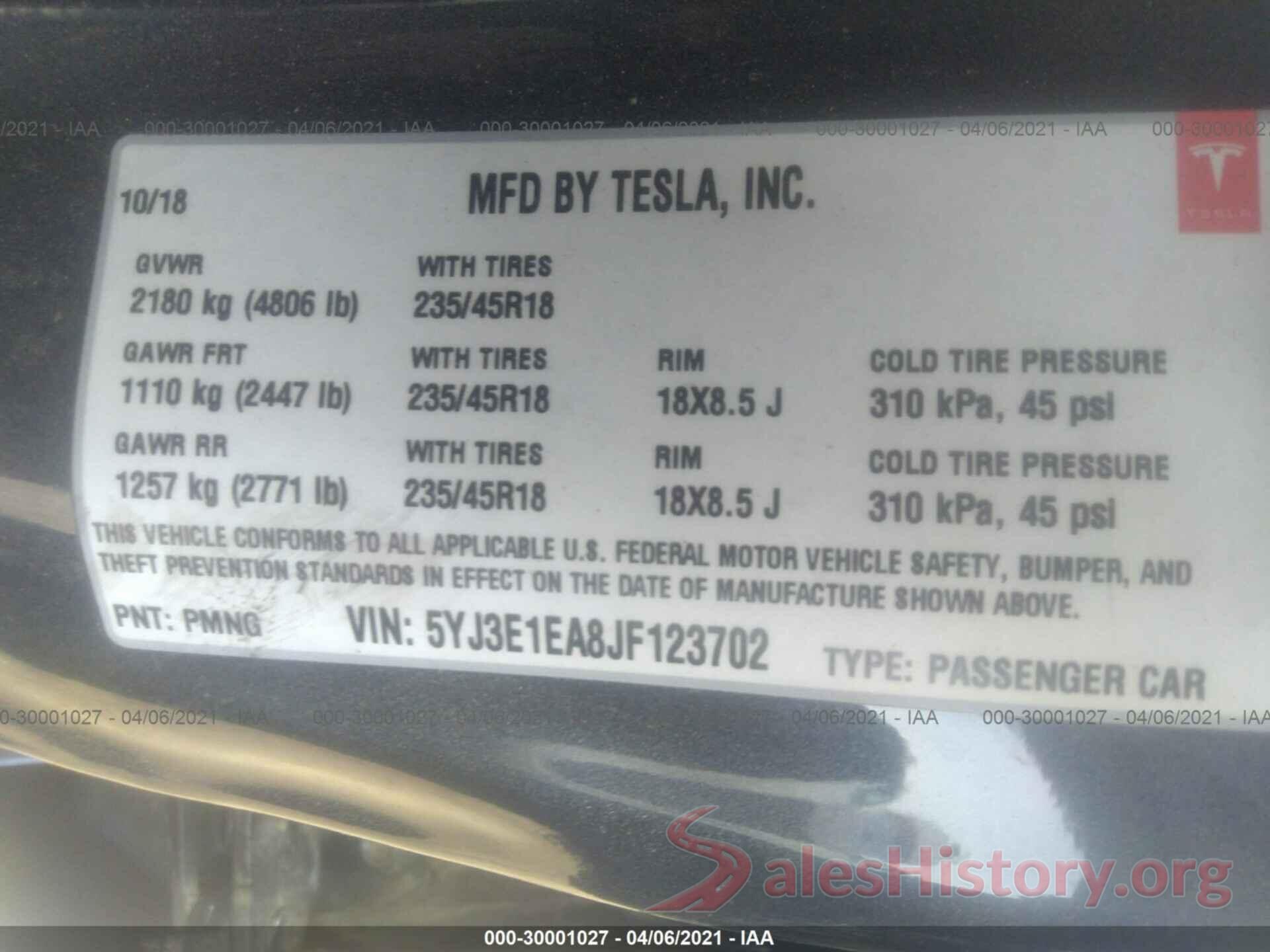 5YJ3E1EA8JF123702 2018 TESLA MODEL 3