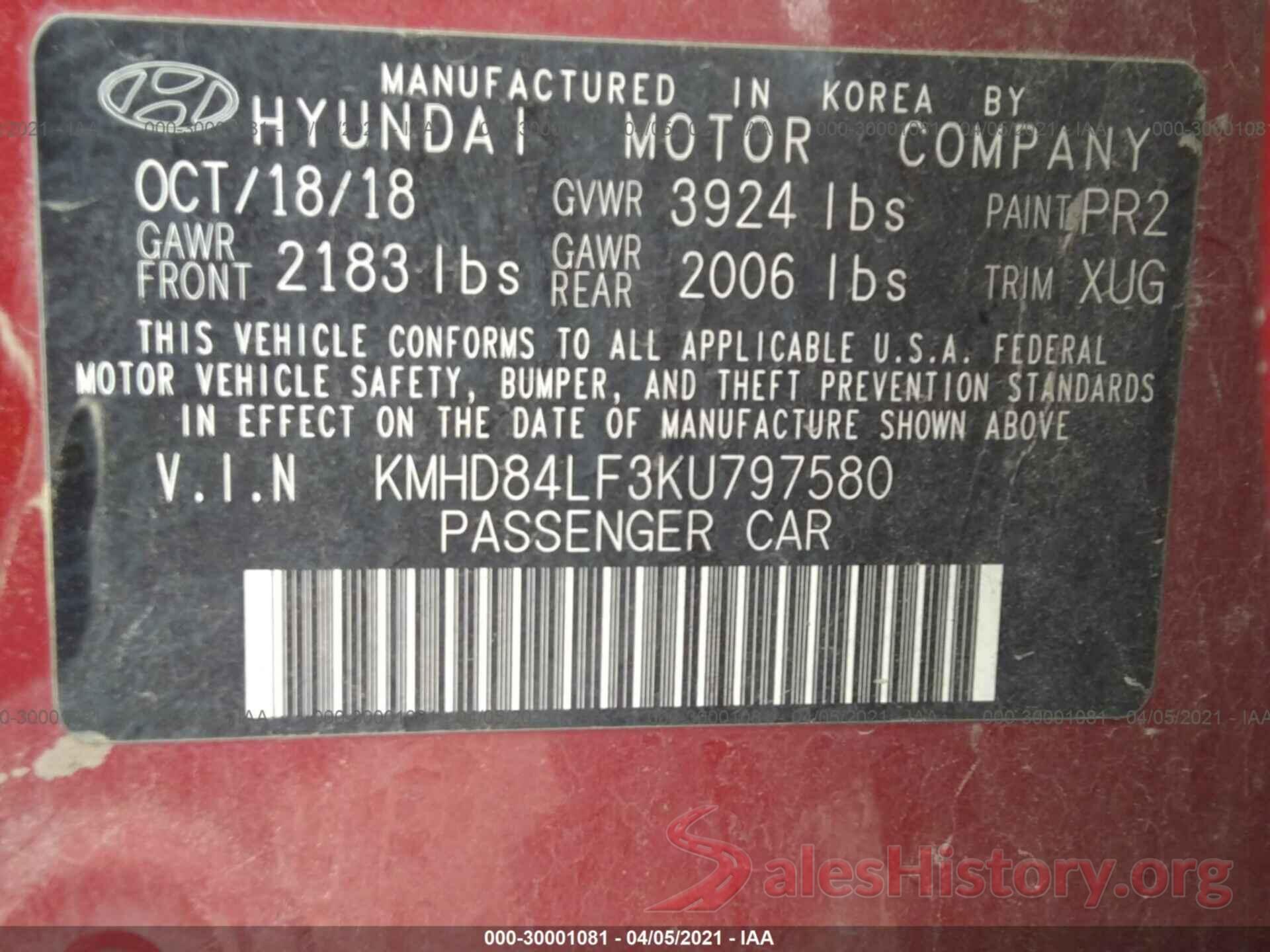 KMHD84LF3KU797580 2019 HYUNDAI ELANTRA