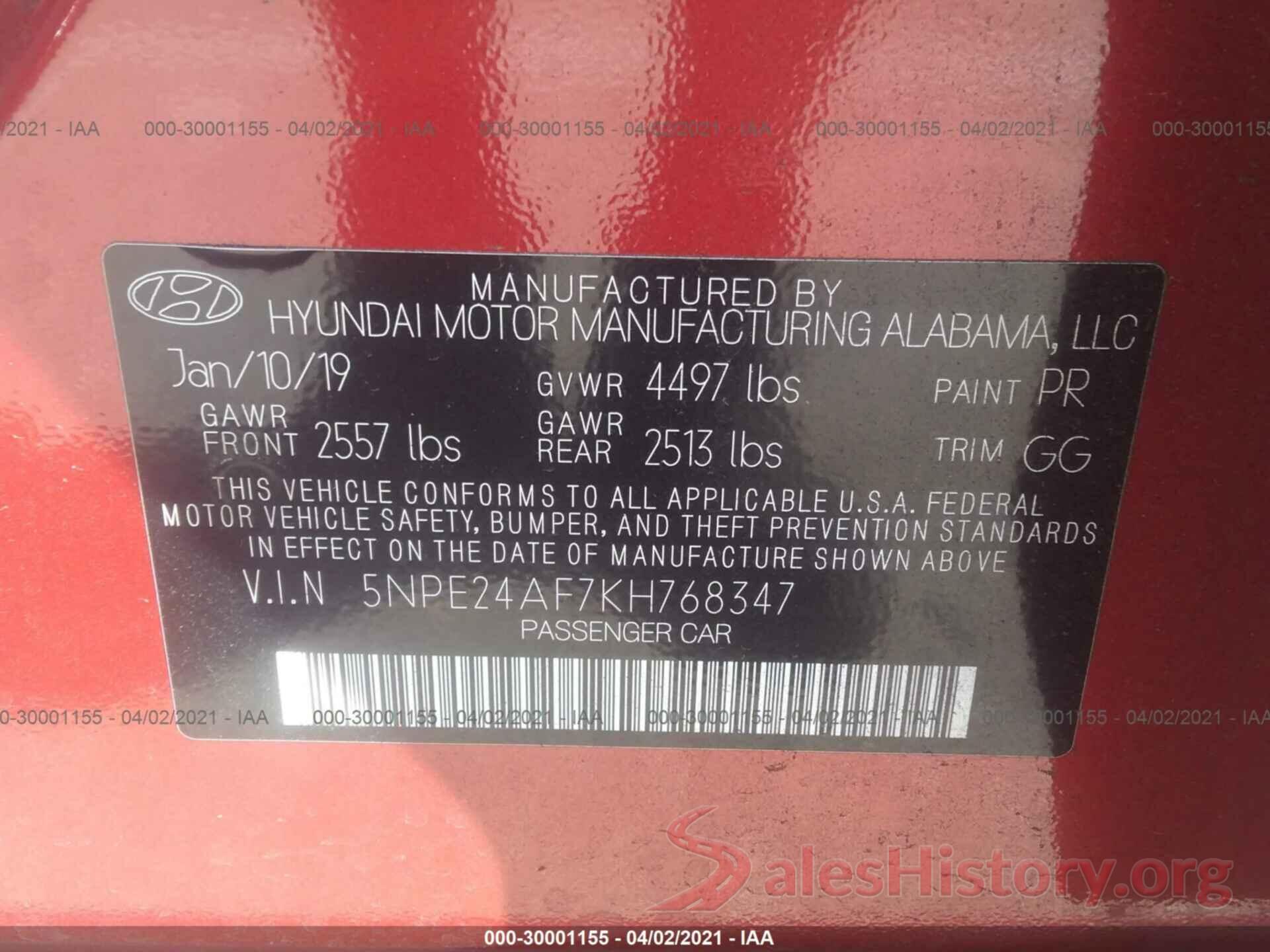 5NPE24AF7KH768347 2019 HYUNDAI SONATA