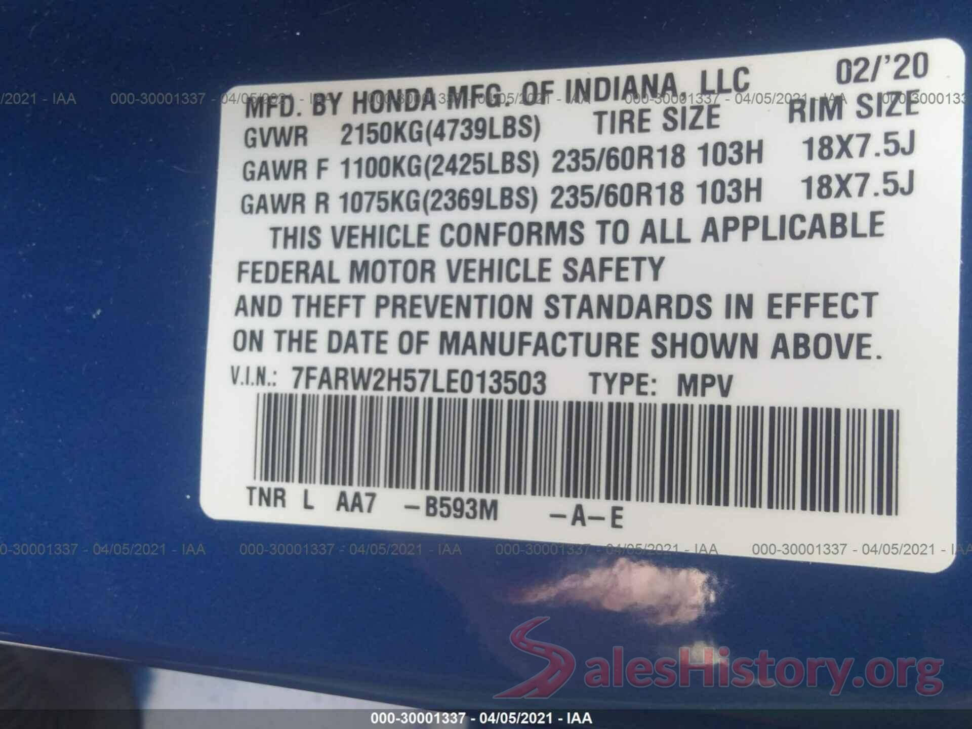 7FARW2H57LE013503 2020 HONDA CR-V