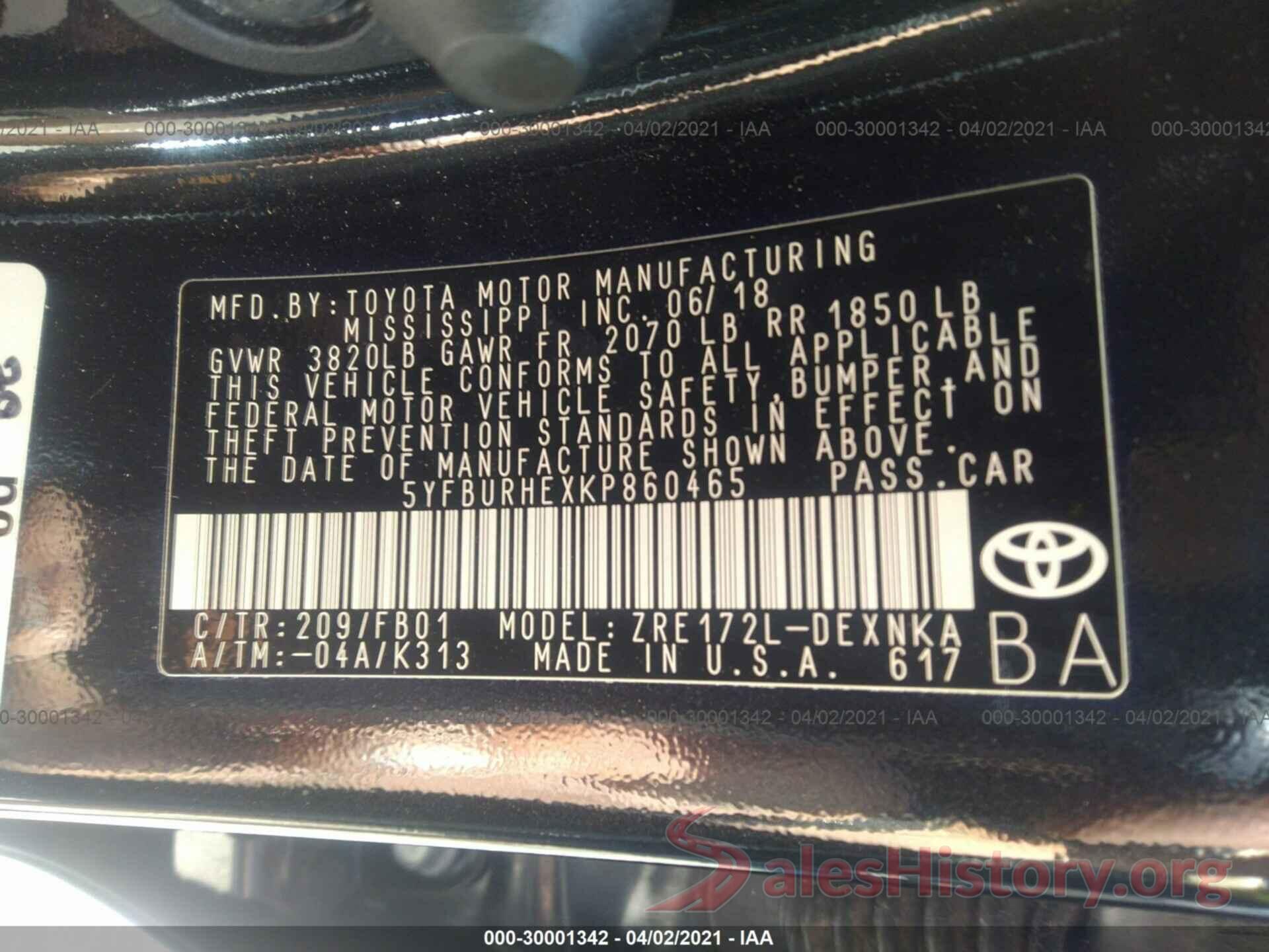 5YFBURHEXKP860465 2019 TOYOTA COROLLA