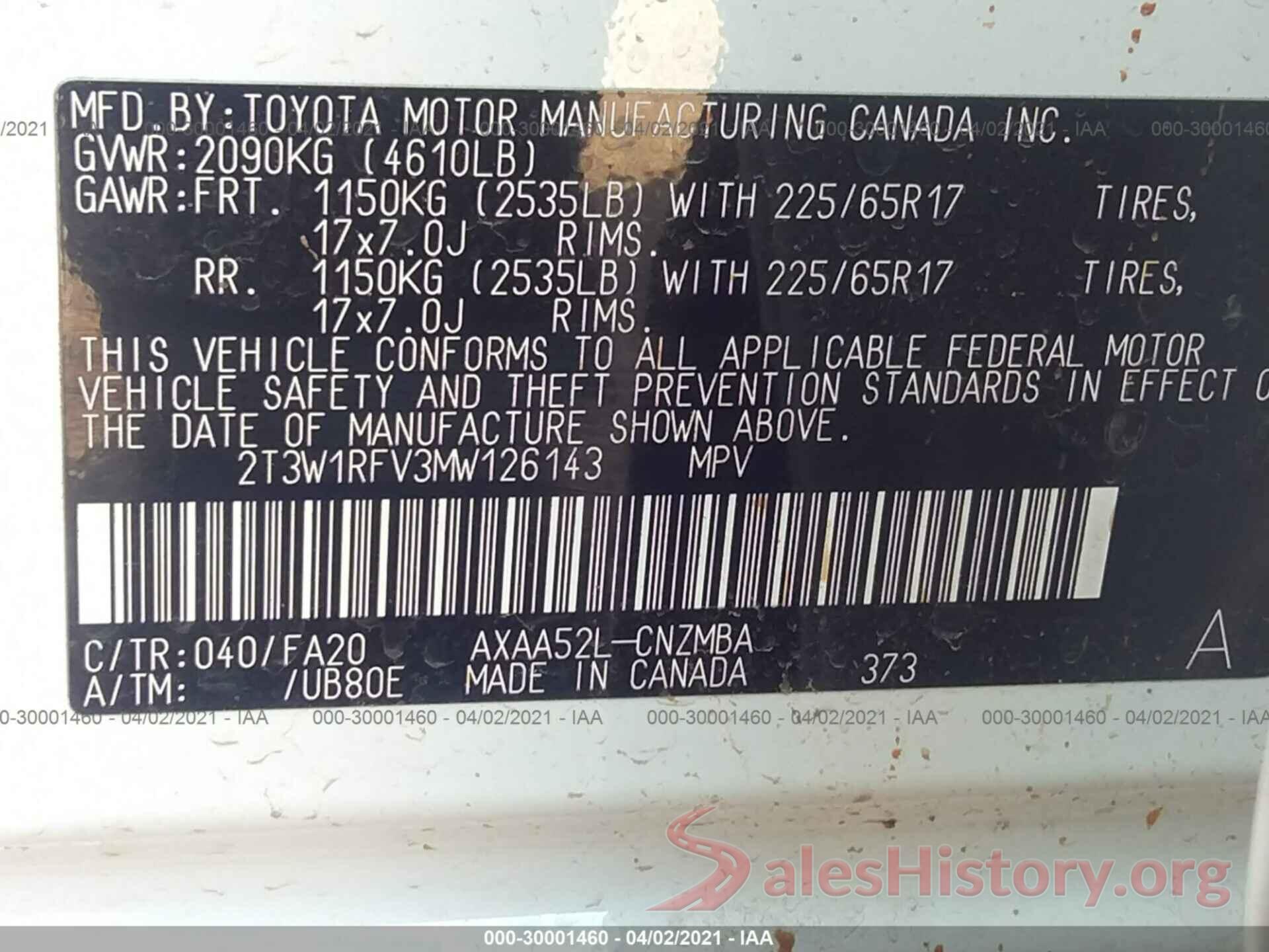 2T3W1RFV3MW126143 2021 TOYOTA RAV4