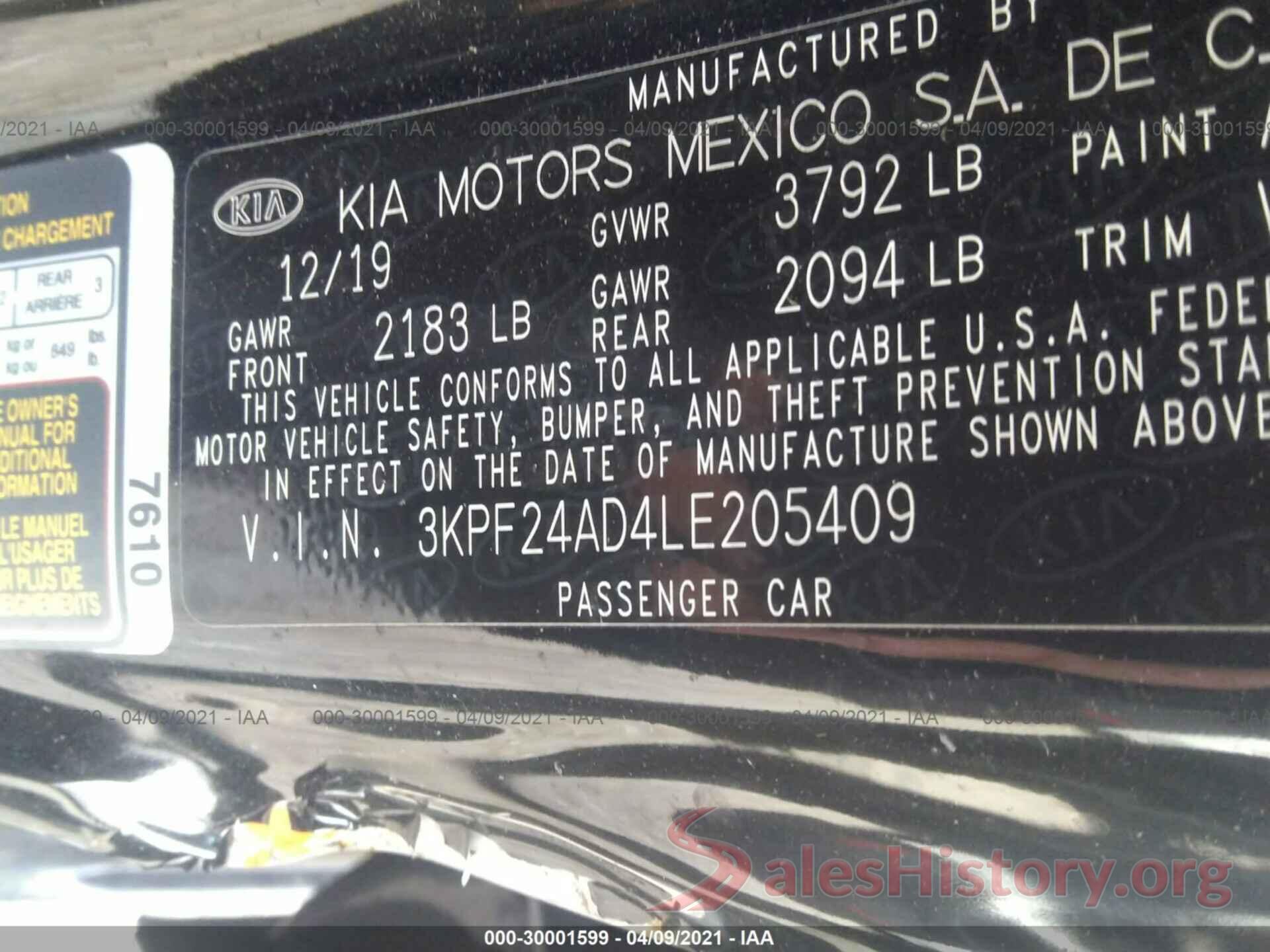 3KPF24AD4LE205409 2020 KIA FORTE