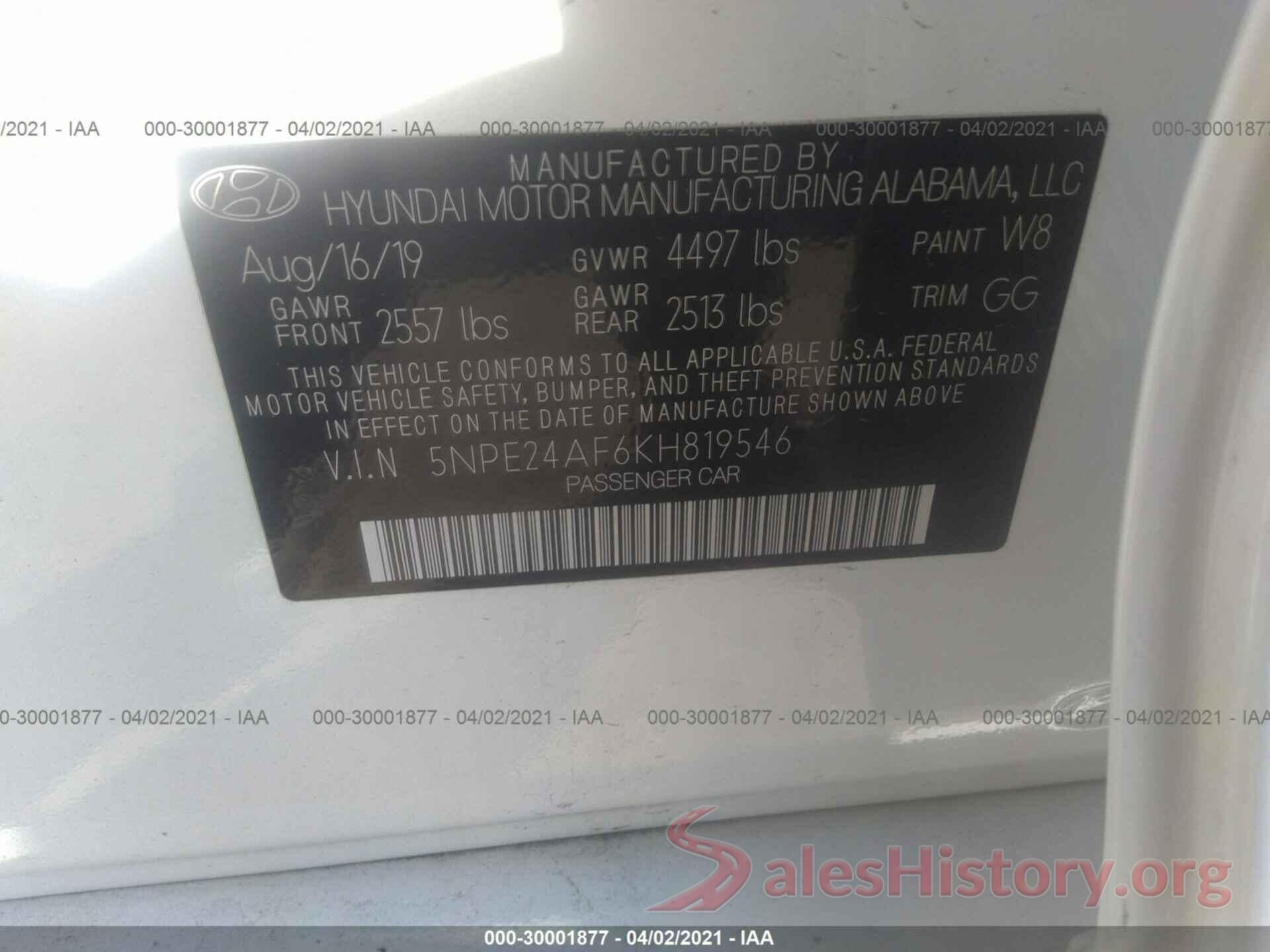 5NPE24AF6KH819546 2019 HYUNDAI SONATA