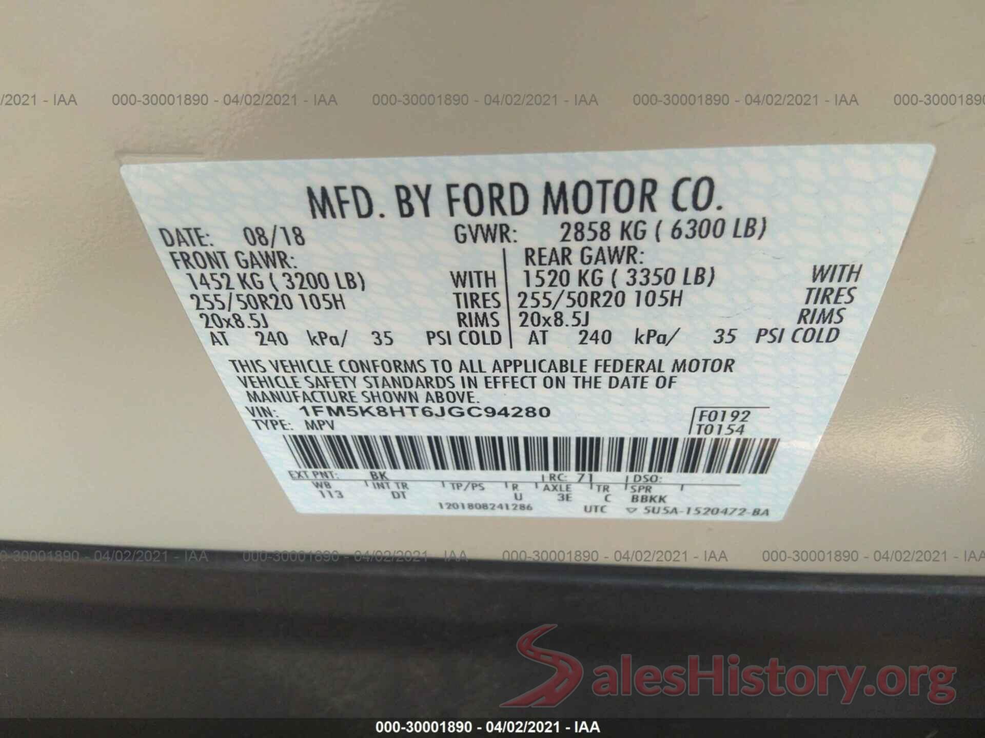 1FM5K8HT6JGC94280 2018 FORD EXPLORER