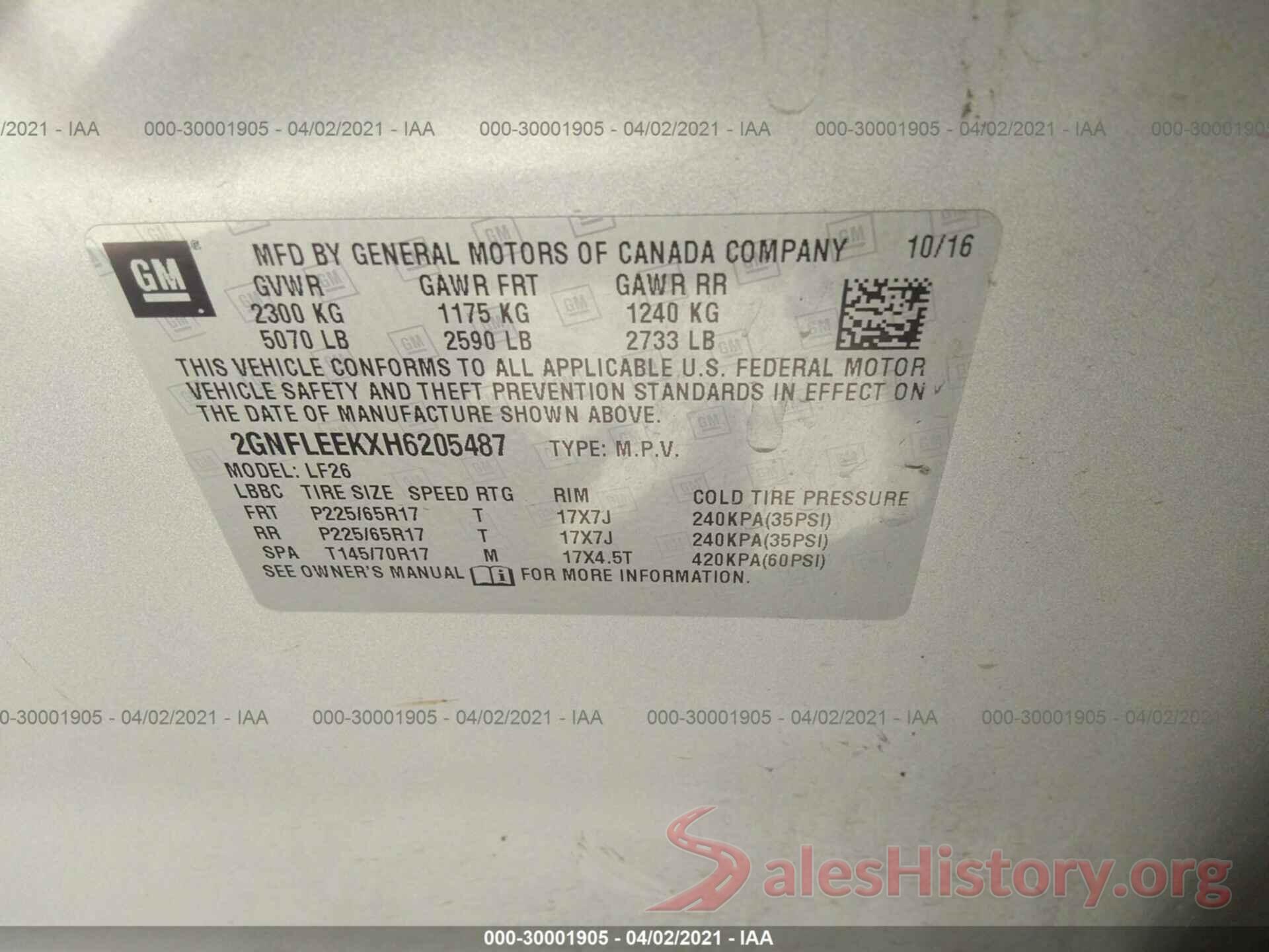 2GNFLEEKXH6205487 2017 CHEVROLET EQUINOX