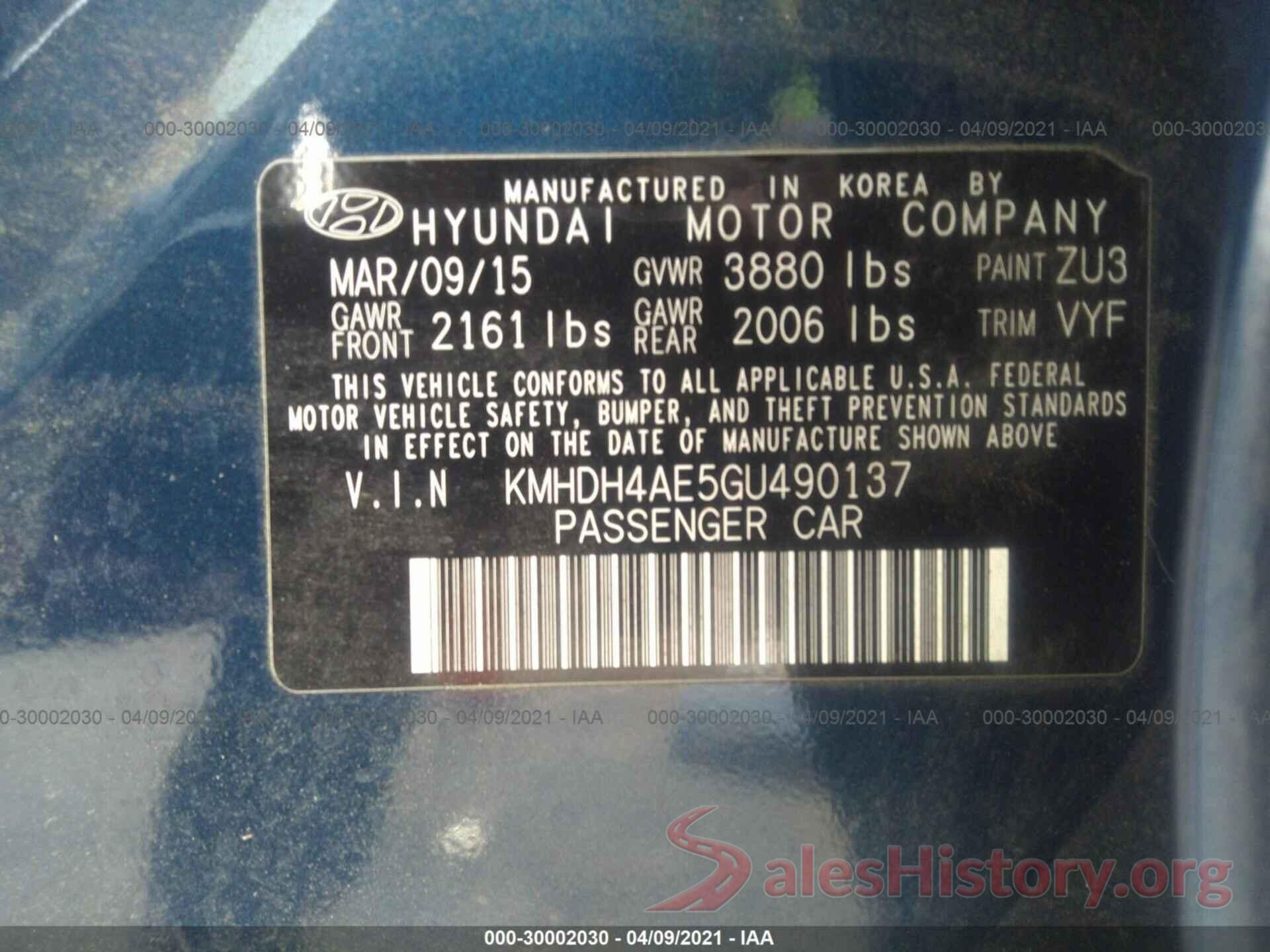 KMHDH4AE5GU490137 2016 HYUNDAI ELANTRA